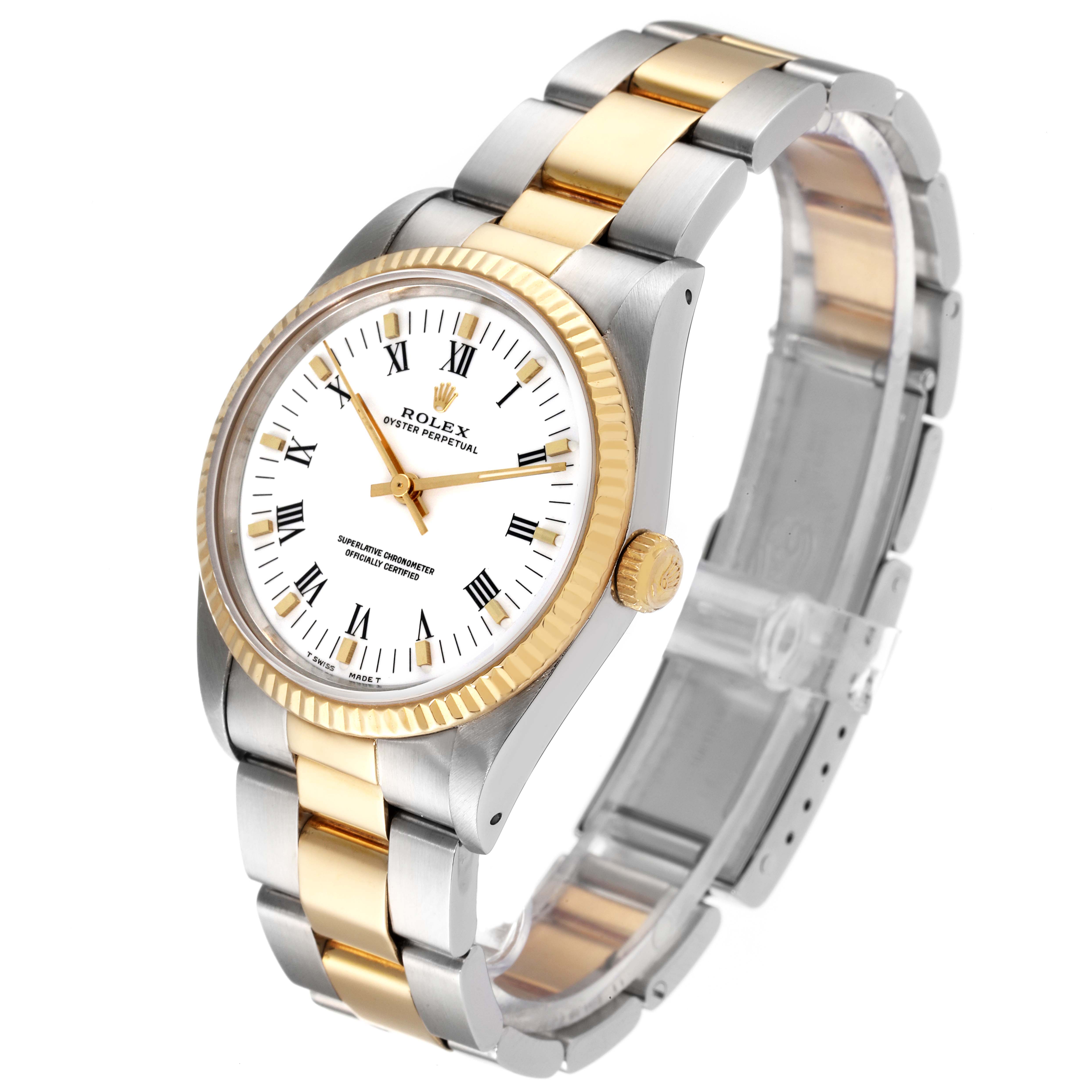 This image shows a Rolex Oyster Perpetual 14233 Men
s Steel and Gold (two tone) White Dial 14233 Men
s Steel and Gold (two tone) White Dial watch at a tilted angle, highlighting its dial, bezel, and bracelet.