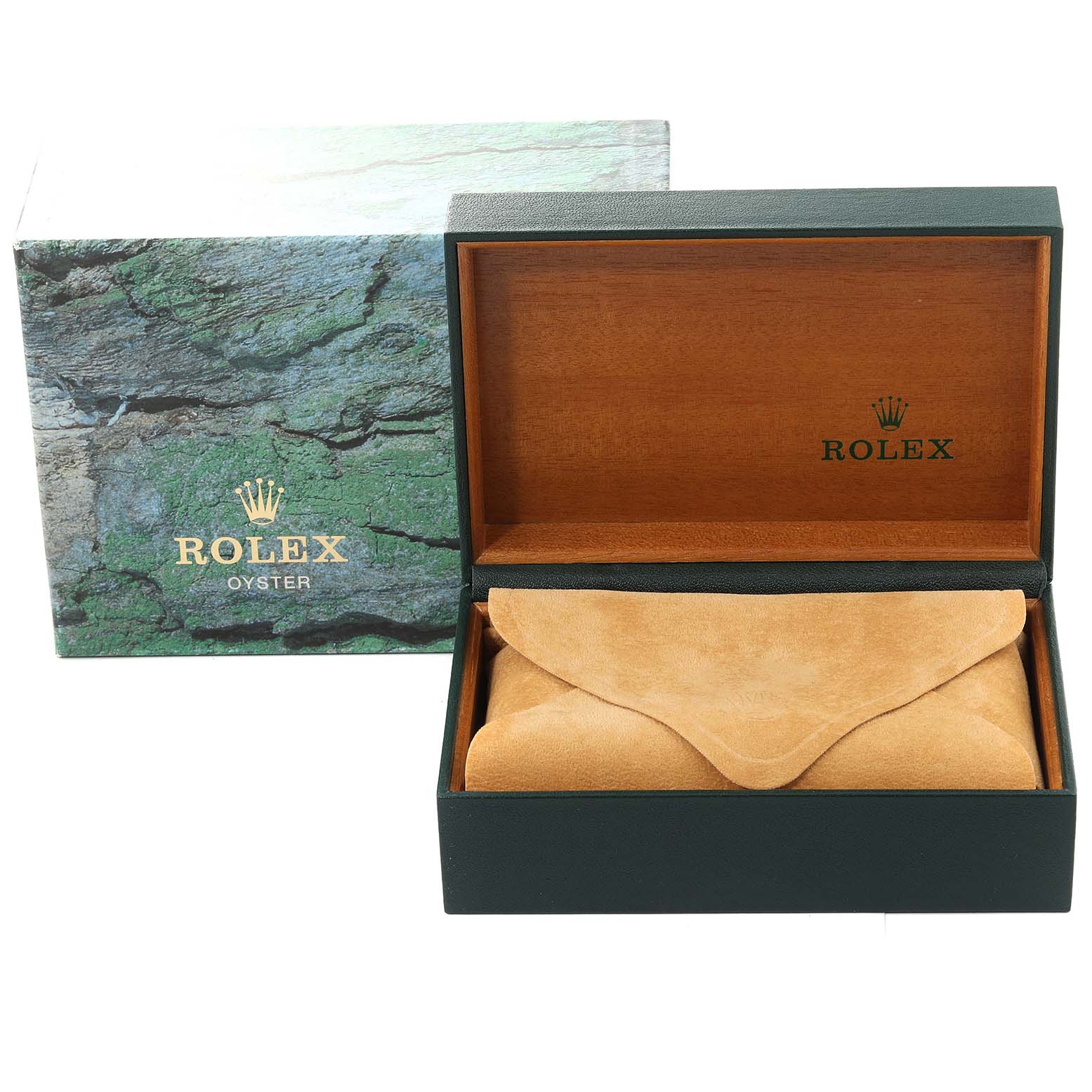 The image shows a Rolex Oyster Perpetual 14233 Men
s Steel and Gold (two tone) White Dial 14233 Men
s Steel and Gold (two tone) White Dial watch box and outer packaging, with a suede pouch inside the wooden box.