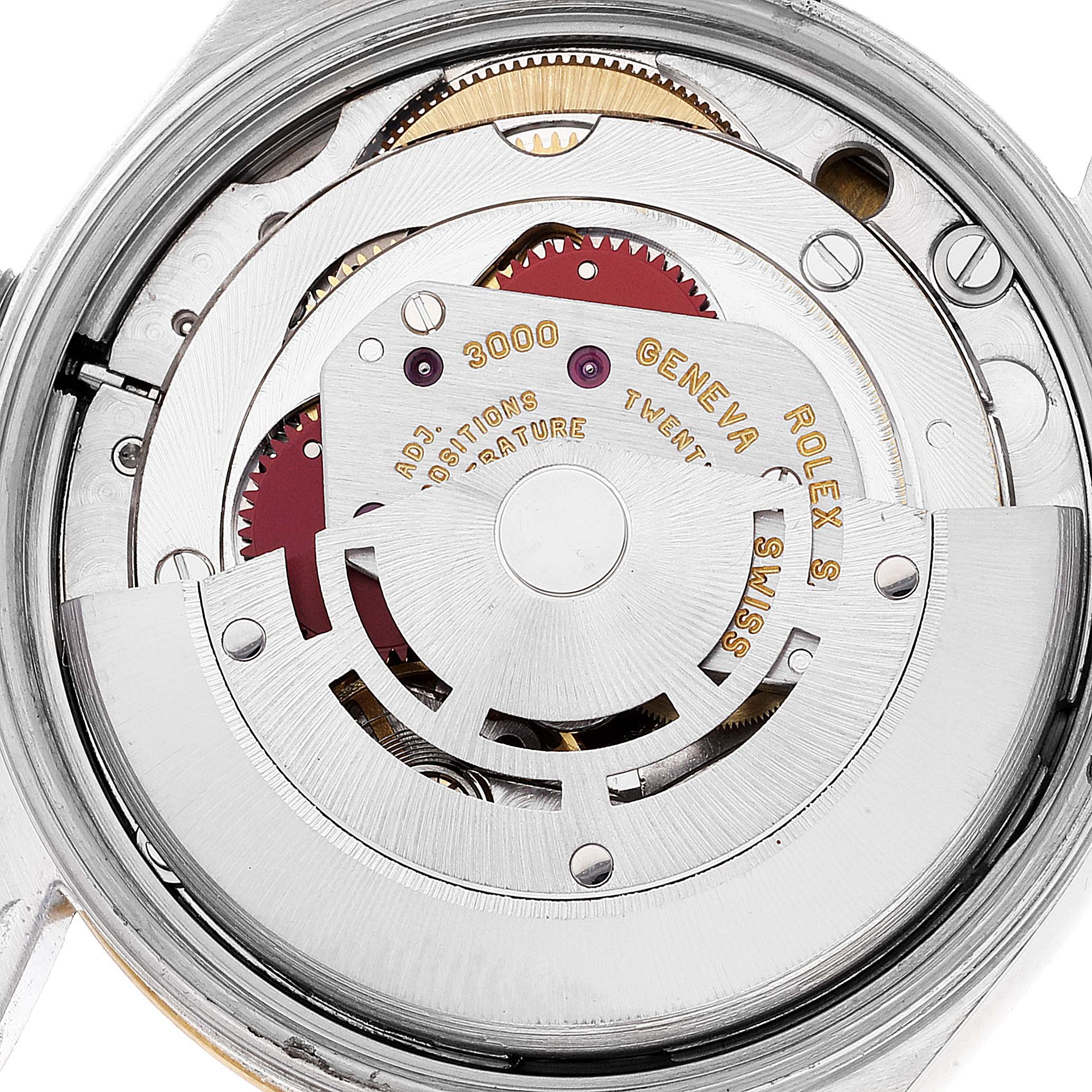 This image shows the intricate internal mechanism of a Rolex Oyster Perpetual 14233 Men
s Steel and Gold (two tone) White Dial 14233 Men
s Steel and Gold (two tone) White Dial watch from a top-down angle.
