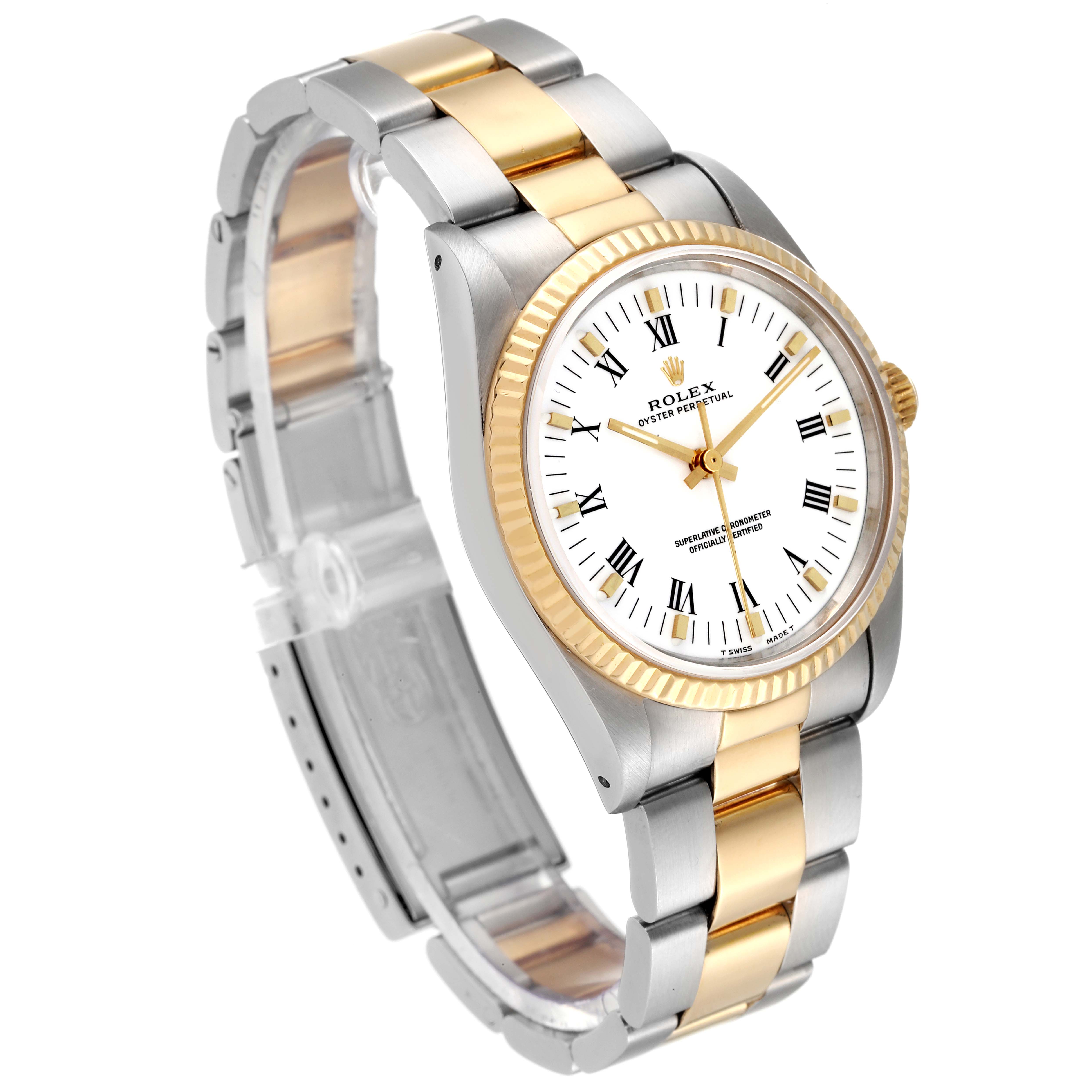 The image shows a side angle of a Rolex Oyster Perpetual 14233 Men
s Steel and Gold (two tone) White Dial 14233 Men
s Steel and Gold (two tone) White Dial watch, displaying its gold and silver strap and white dial with Roman numerals.