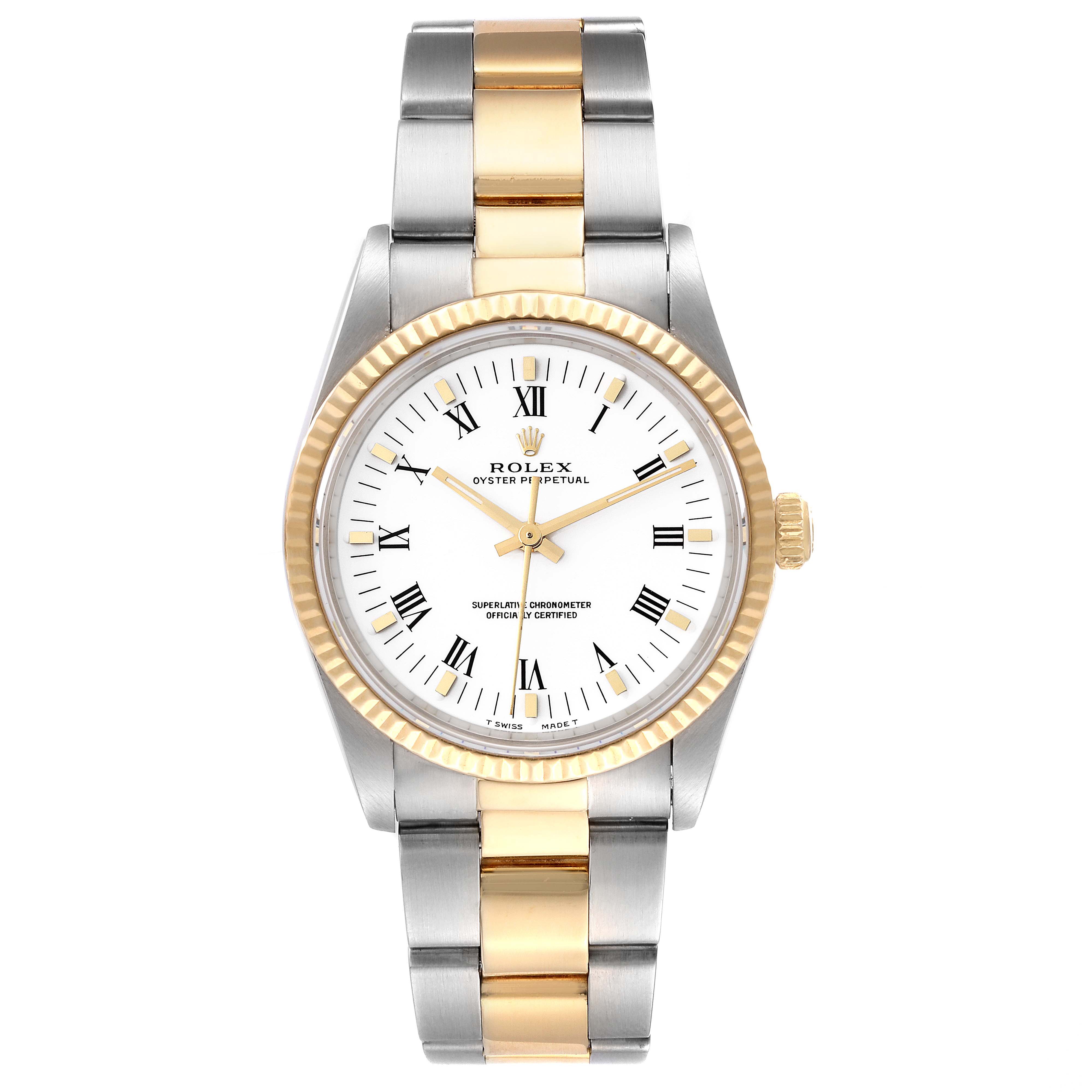 The image shows a front view of the Rolex Oyster Perpetual 14233 Men
s Steel and Gold (two tone) White Dial 14233 Men
s Steel and Gold (two tone) White Dial watch, highlighting its two-tone band and white dial with Roman numerals.