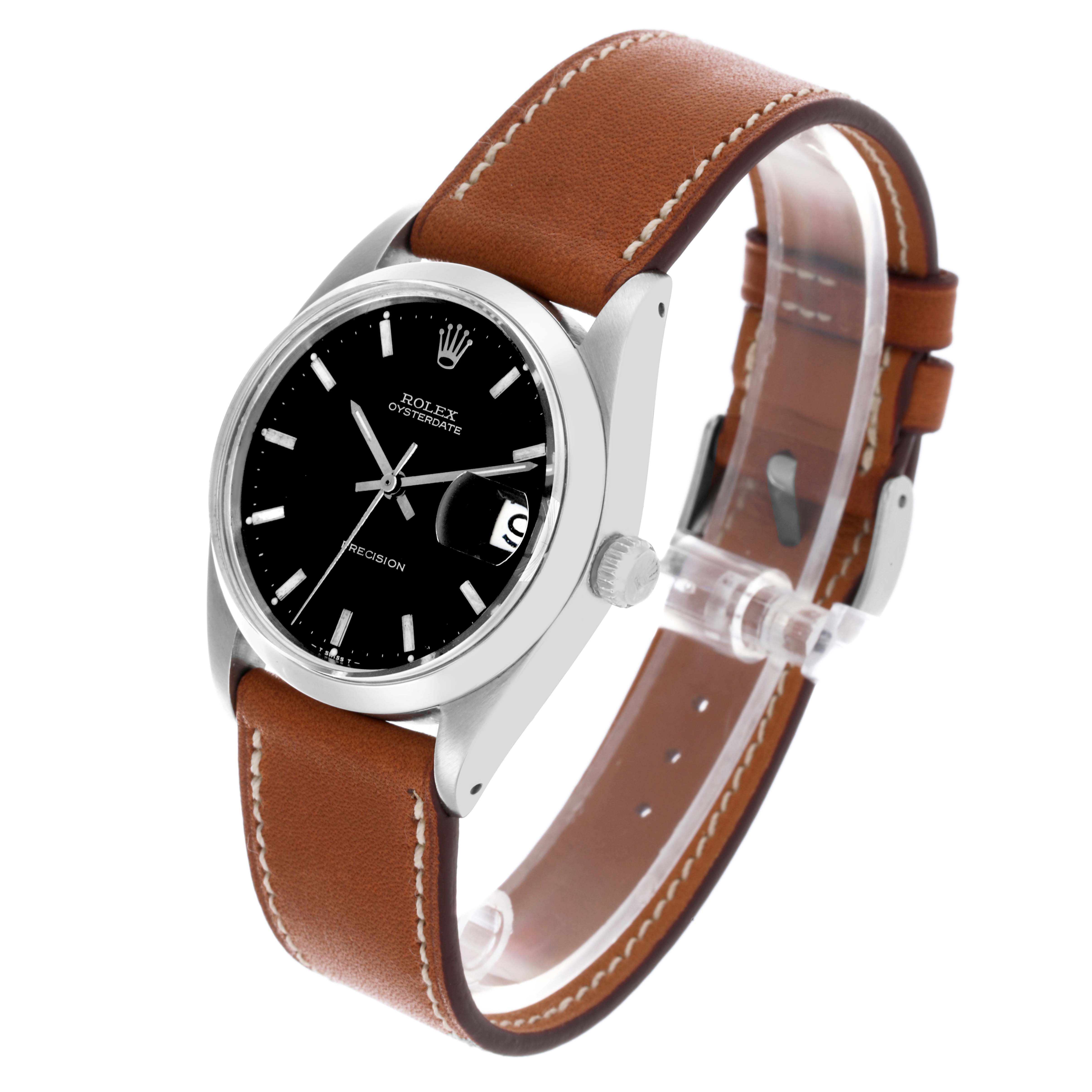 The Rolex Date 6694 Men's Stainless Steel Black Dial 6694 Men's Stainless Steel Black Dial watch is shown at a three-quarter angle, displaying the face, bezel, crown, and brown leather strap.