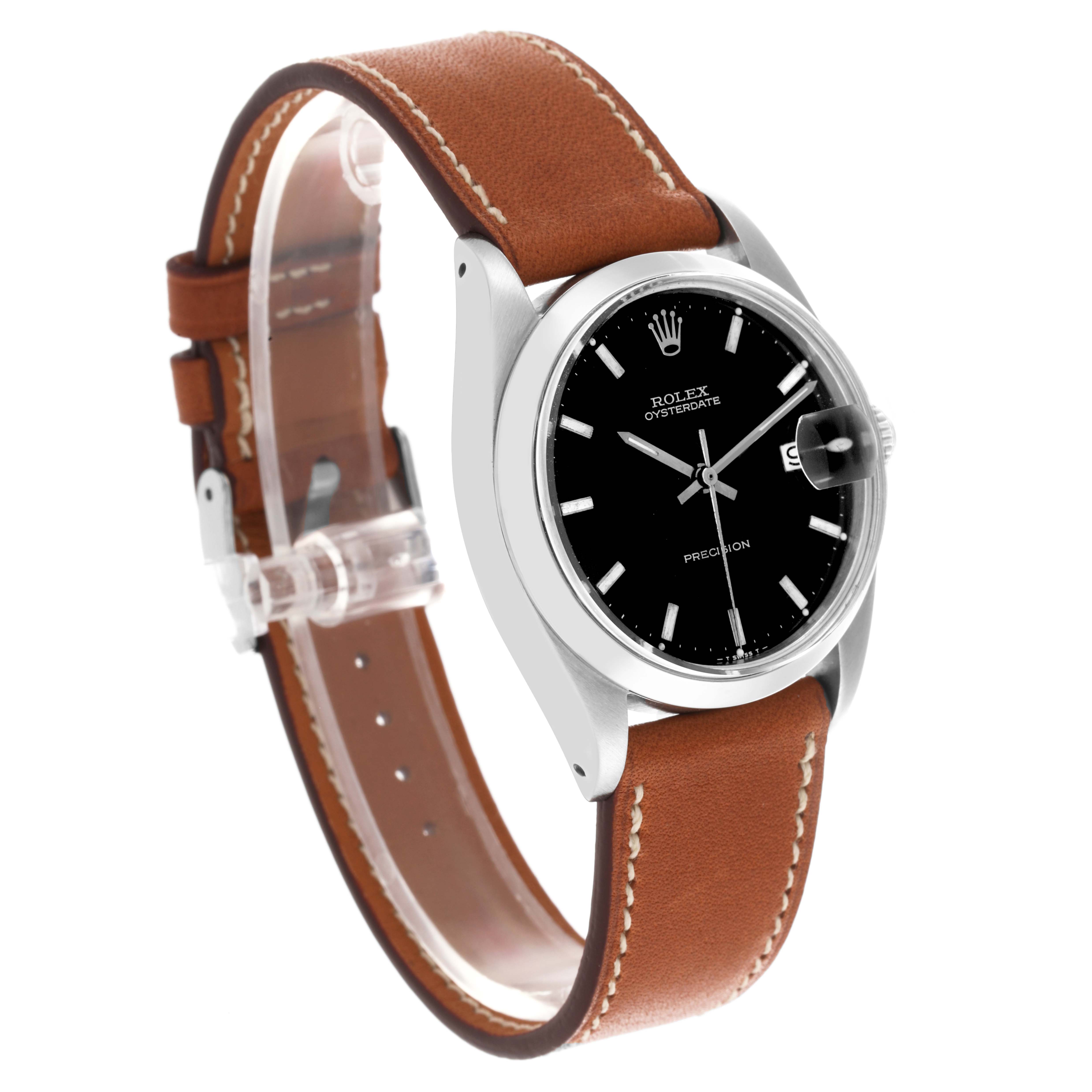 The Rolex Date 6694 Men's Stainless Steel Black Dial 6694 Men's Stainless Steel Black Dial model is shown at an angled view, highlighting the black dial, leather strap, and date window.