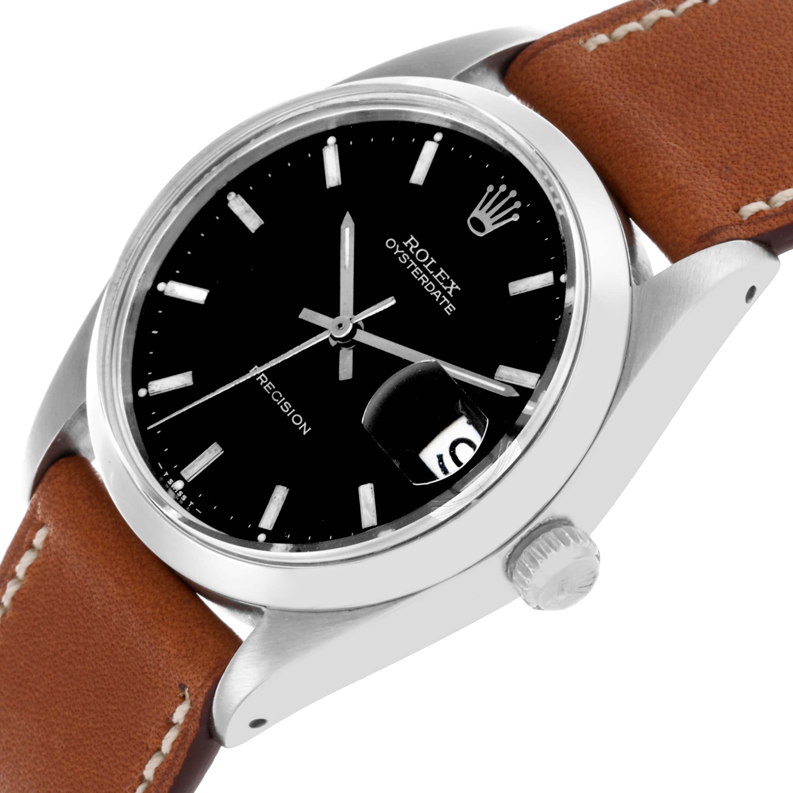 The Rolex Date 6694 Men's Stainless Steel Black Dial 6694 Men's Stainless Steel Black Dial model is shown at an angled view, highlighting the black dial, crown, and brown leather strap.