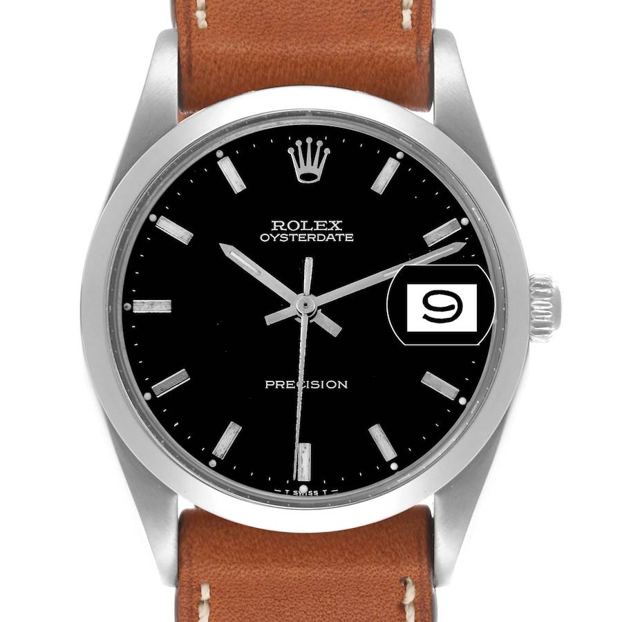 The Rolex Date model is shown from a top-down angle, featuring the dial, bezel, and part of the strap.