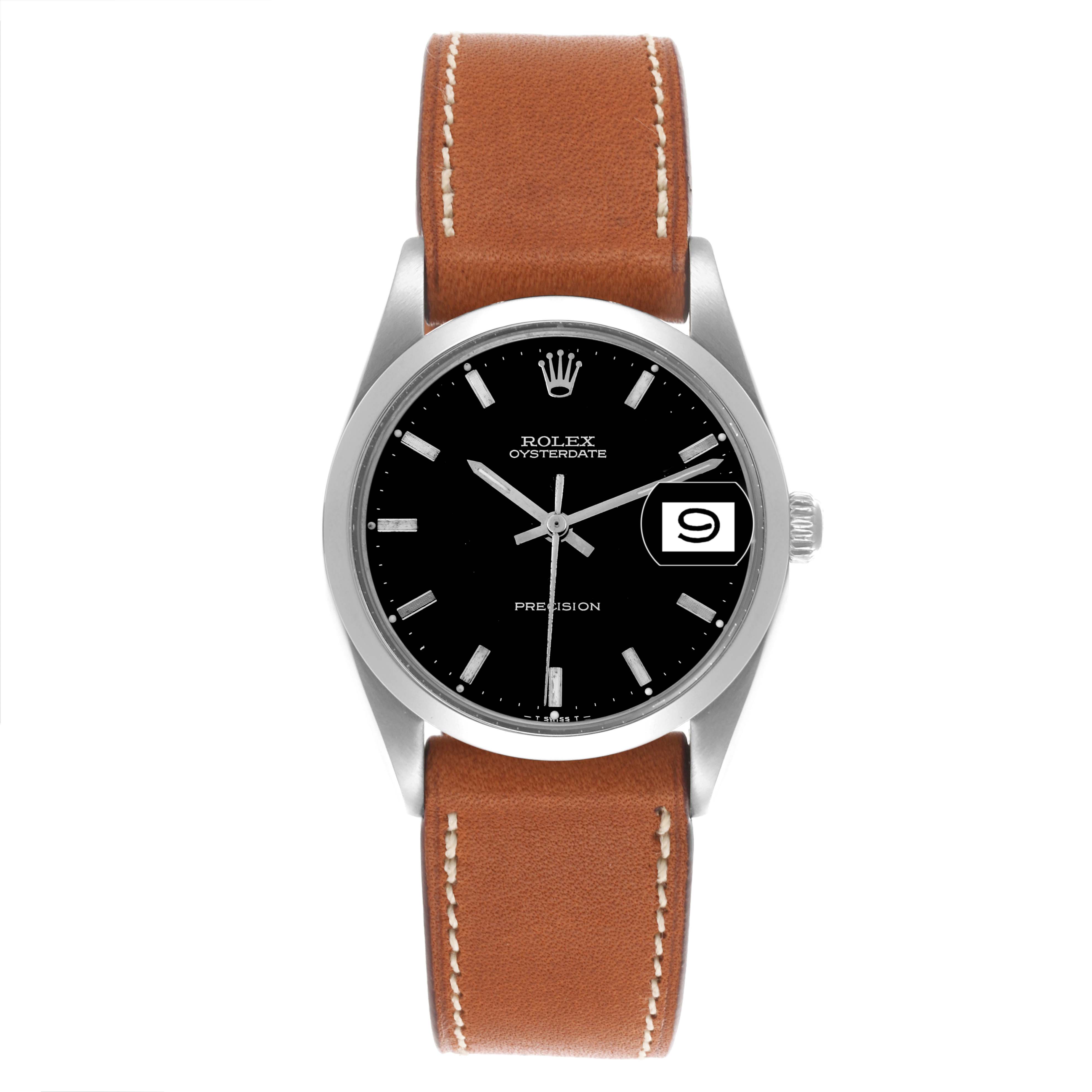 The Rolex Date 6694 Men's Stainless Steel Black Dial 6694 Men's Stainless Steel Black Dial watch is shown from the front, highlighting the face, bezel, case, crown, and leather strap.