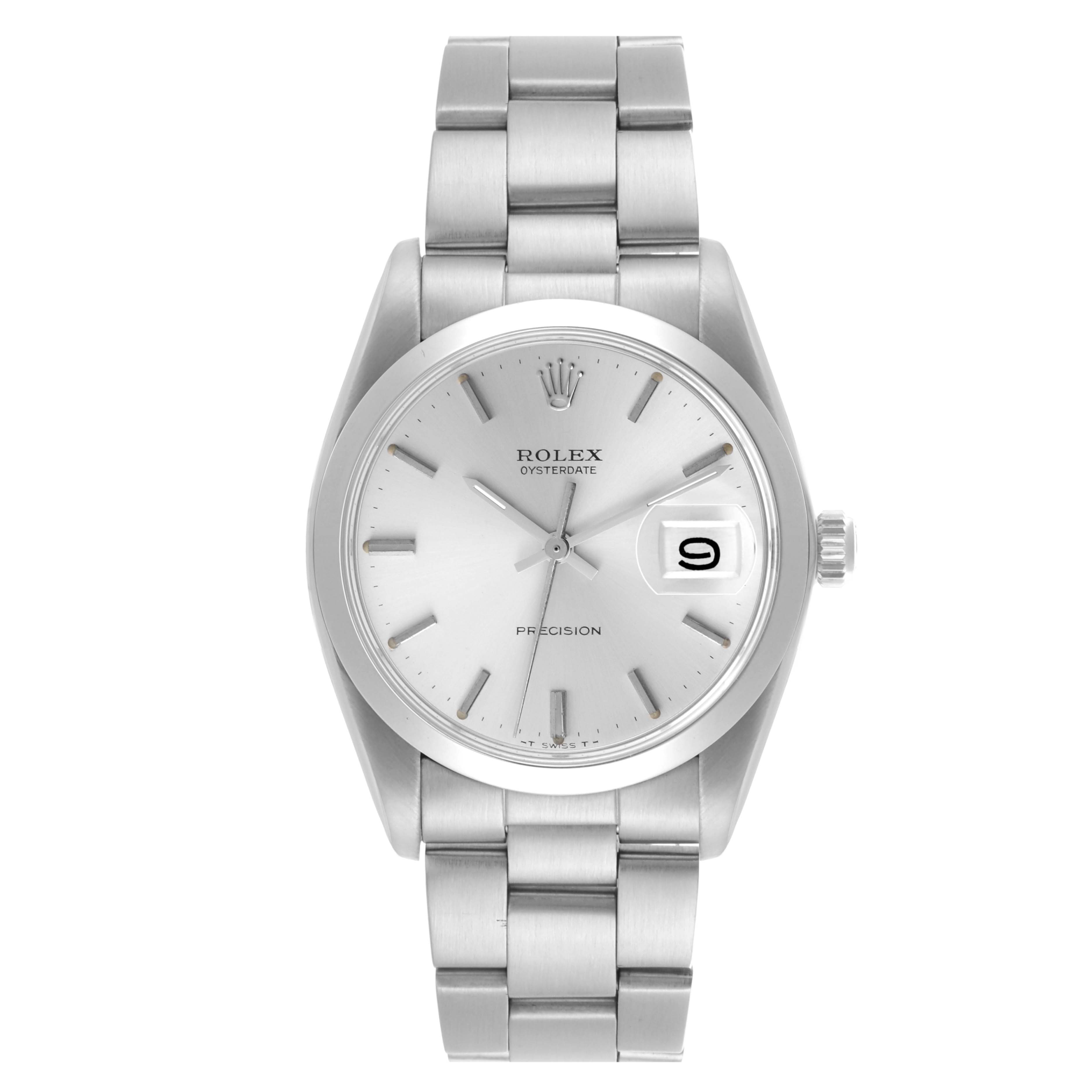 The Rolex Date 6694 Men's Stainless Steel Silver Dial 6694 Men's Stainless Steel Silver Dial model watch is shown from a front angle, displaying its dial, bracelet, and crown.