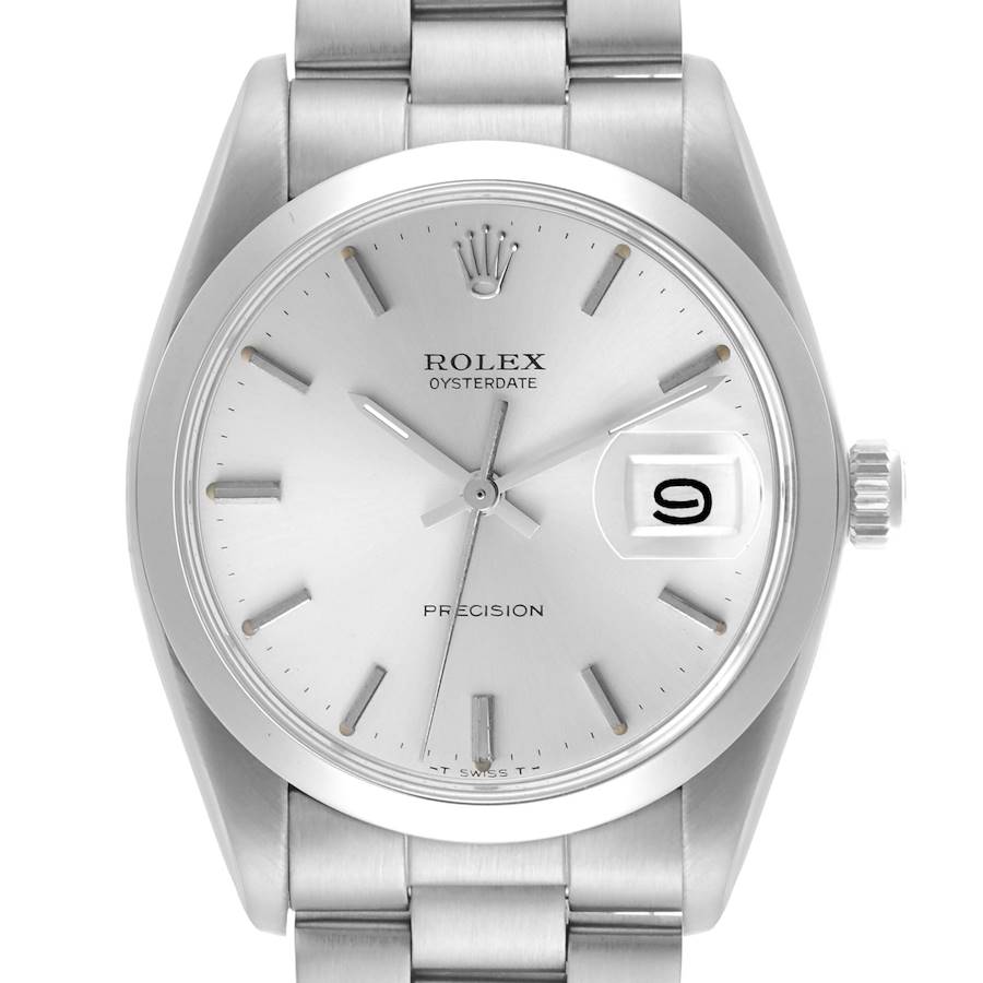 The Rolex Date model watch is shown from a front view, displaying the dial, date magnifier, crown, and bracelet.