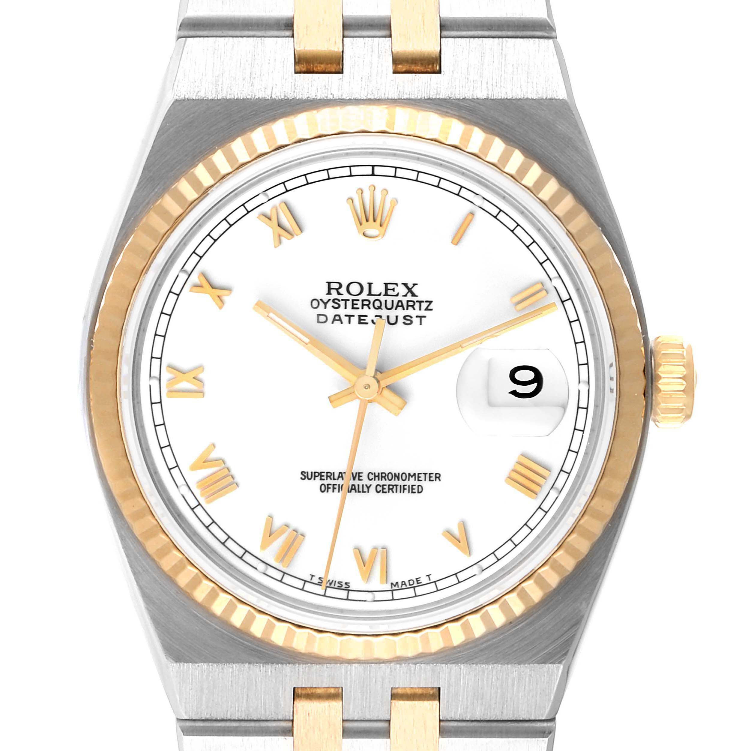 This image shows a frontal view of a Rolex Oysterquartz 17013 Men's Steel and Gold (two tone) White Dial 17013 Men's Steel and Gold (two tone) White Dial Datejust watch, highlighting its dial, bezel, and part of its bracelet.