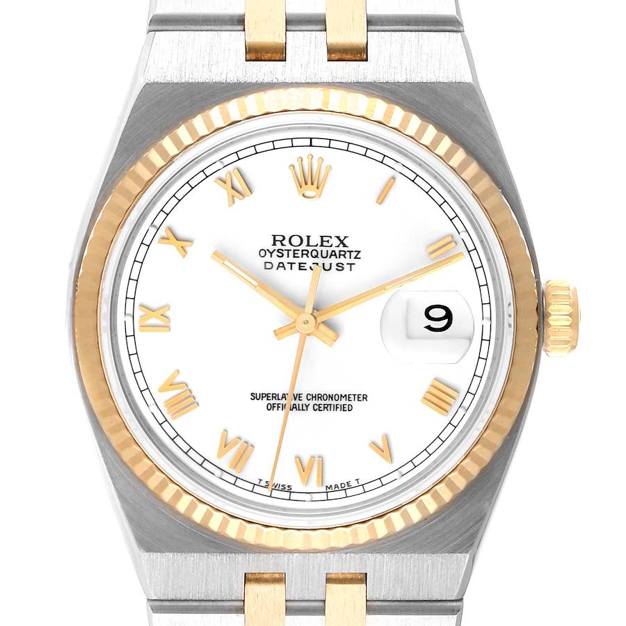 Rolex Oysterquartz Datejust Steel 18k Yellow Gold White Dial Watch 17013 SwissWatchExpo