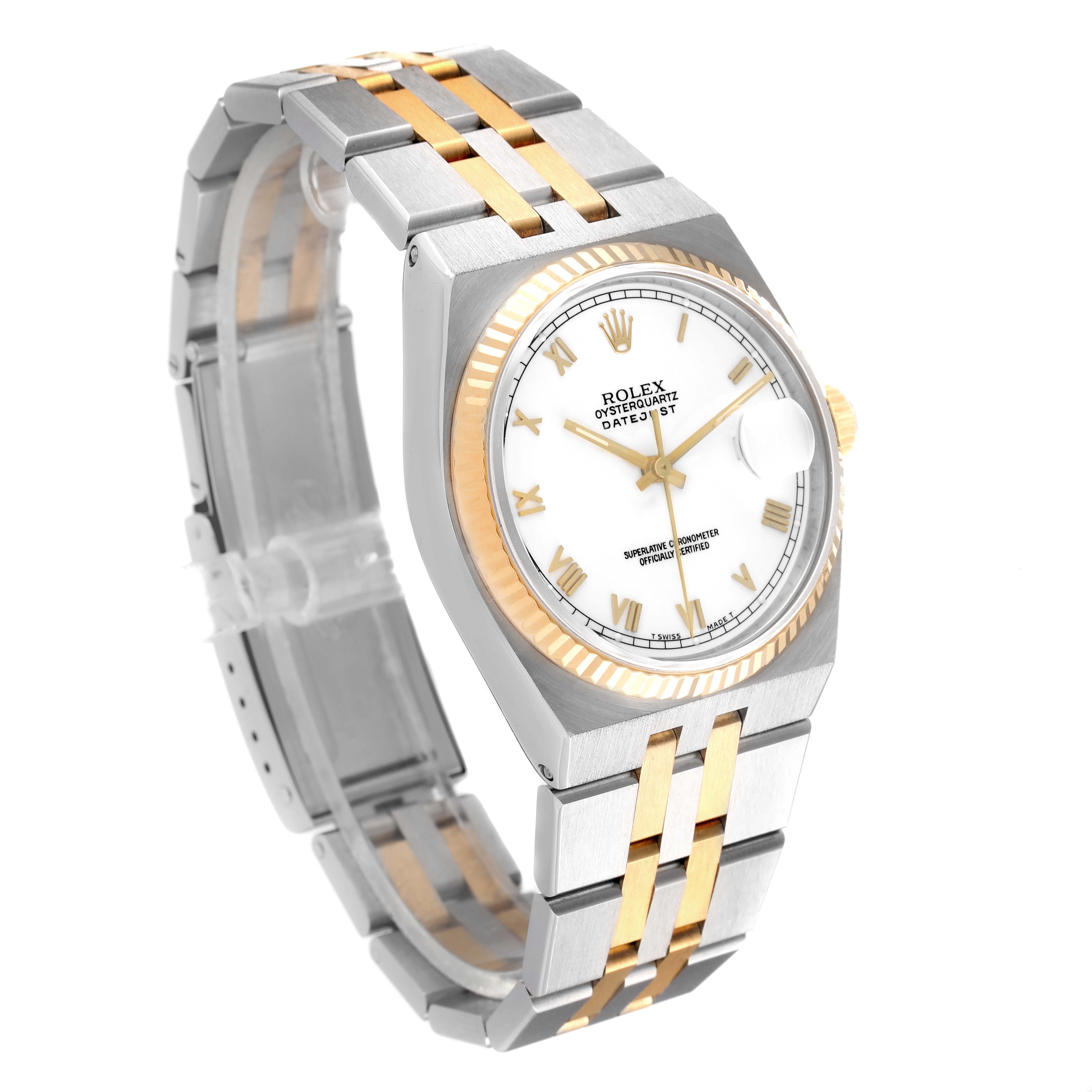 This image shows a Rolex Oysterquartz 17013 Men's Steel and Gold (two tone) White Dial 17013 Men's Steel and Gold (two tone) White Dial watch angled from the left, highlighting its face, bezel, and two-tone bracelet.