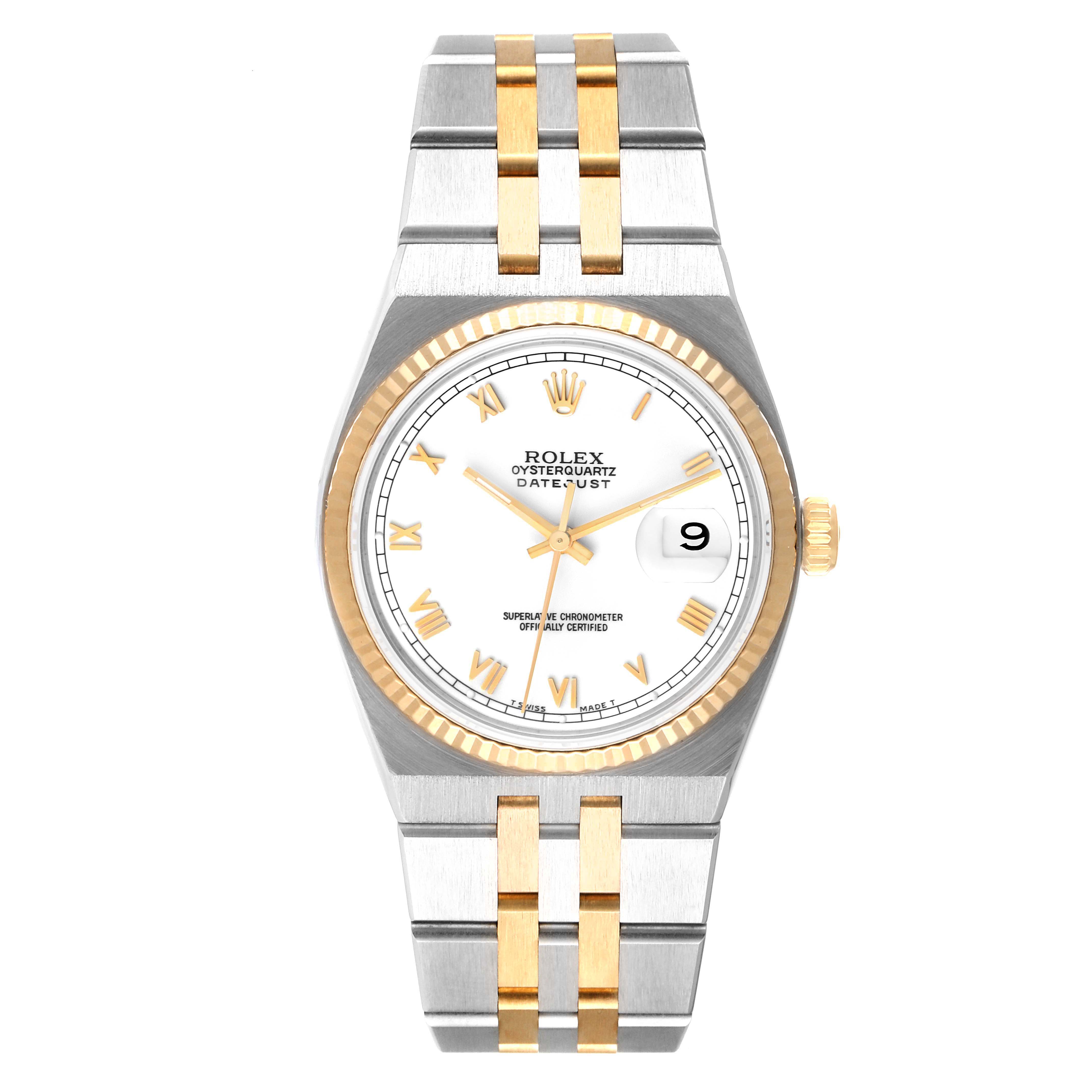 The Rolex Oysterquartz 17013 Men's Steel and Gold (two tone) White Dial 17013 Men's Steel and Gold (two tone) White Dial watch is displayed from a top-down angle, showing the face, bracelet, and crown.