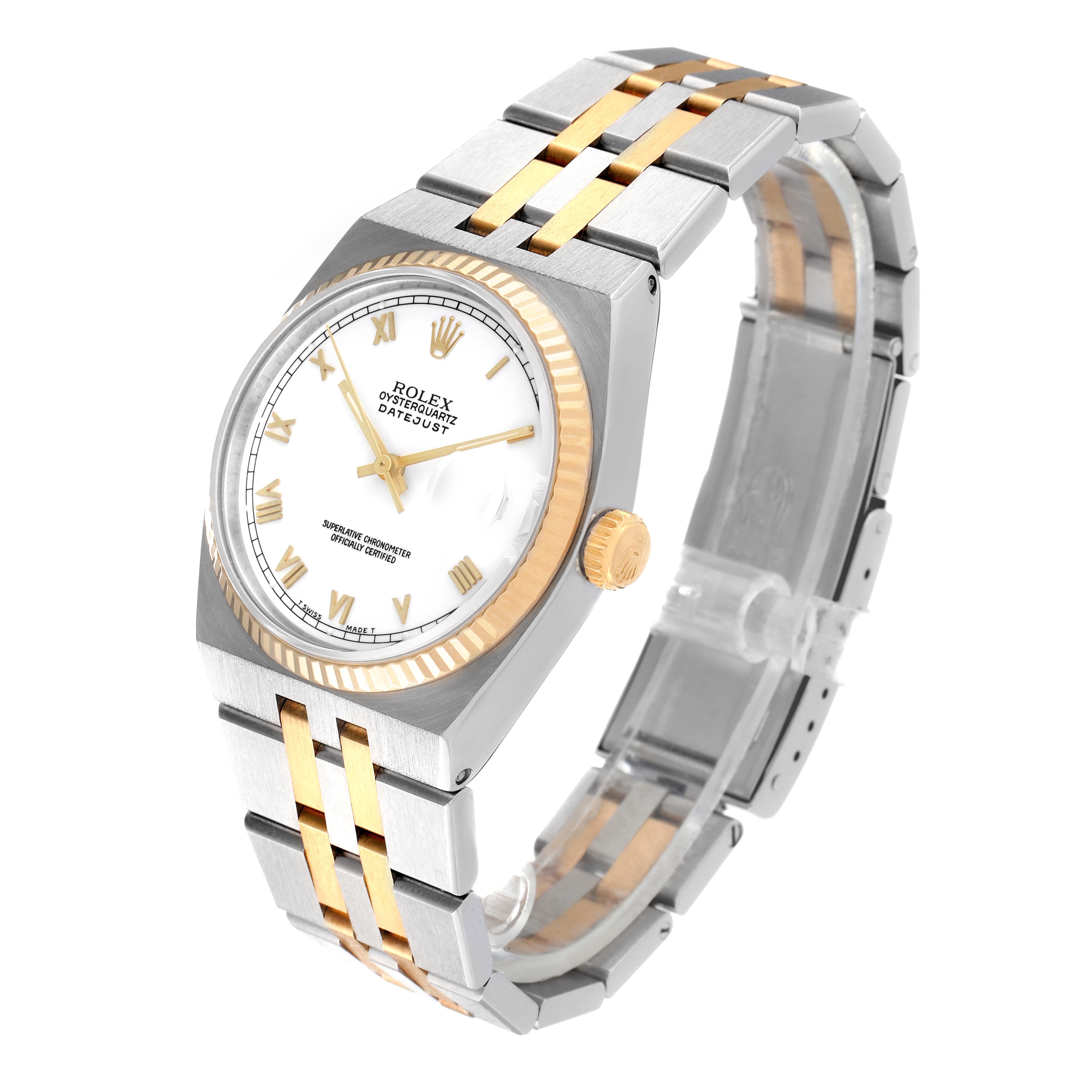 The Rolex Oysterquartz 17013 Men's Steel and Gold (two tone) White Dial 17013 Men's Steel and Gold (two tone) White Dial watch is shown at a slight angle, displaying its bezel, dial, crown, and two-tone bracelet.