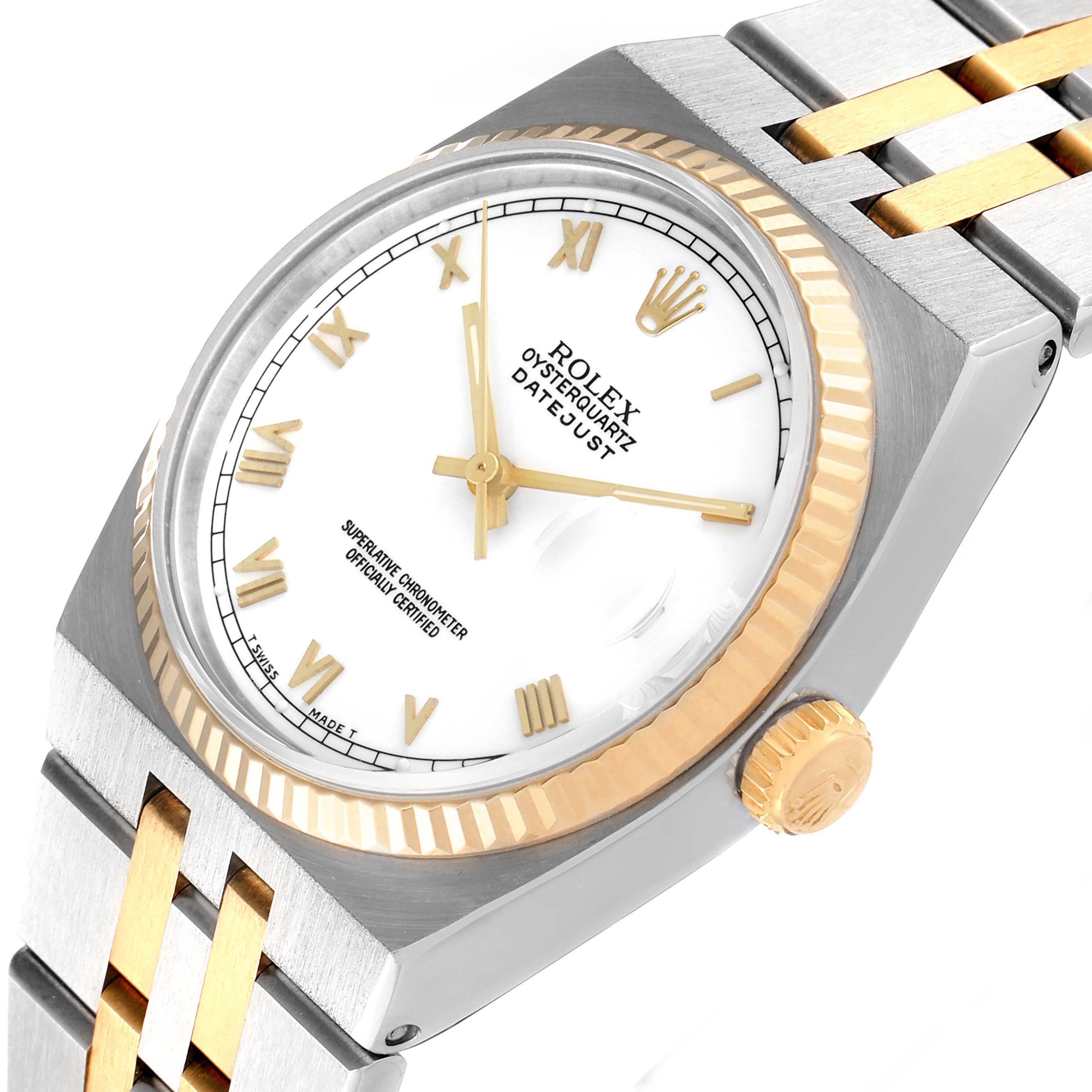 The Rolex Oysterquartz 17013 Men's Steel and Gold (two tone) White Dial 17013 Men's Steel and Gold (two tone) White Dial watch is shown from a slight side angle, highlighting the face, bezel, and part of the bracelet.