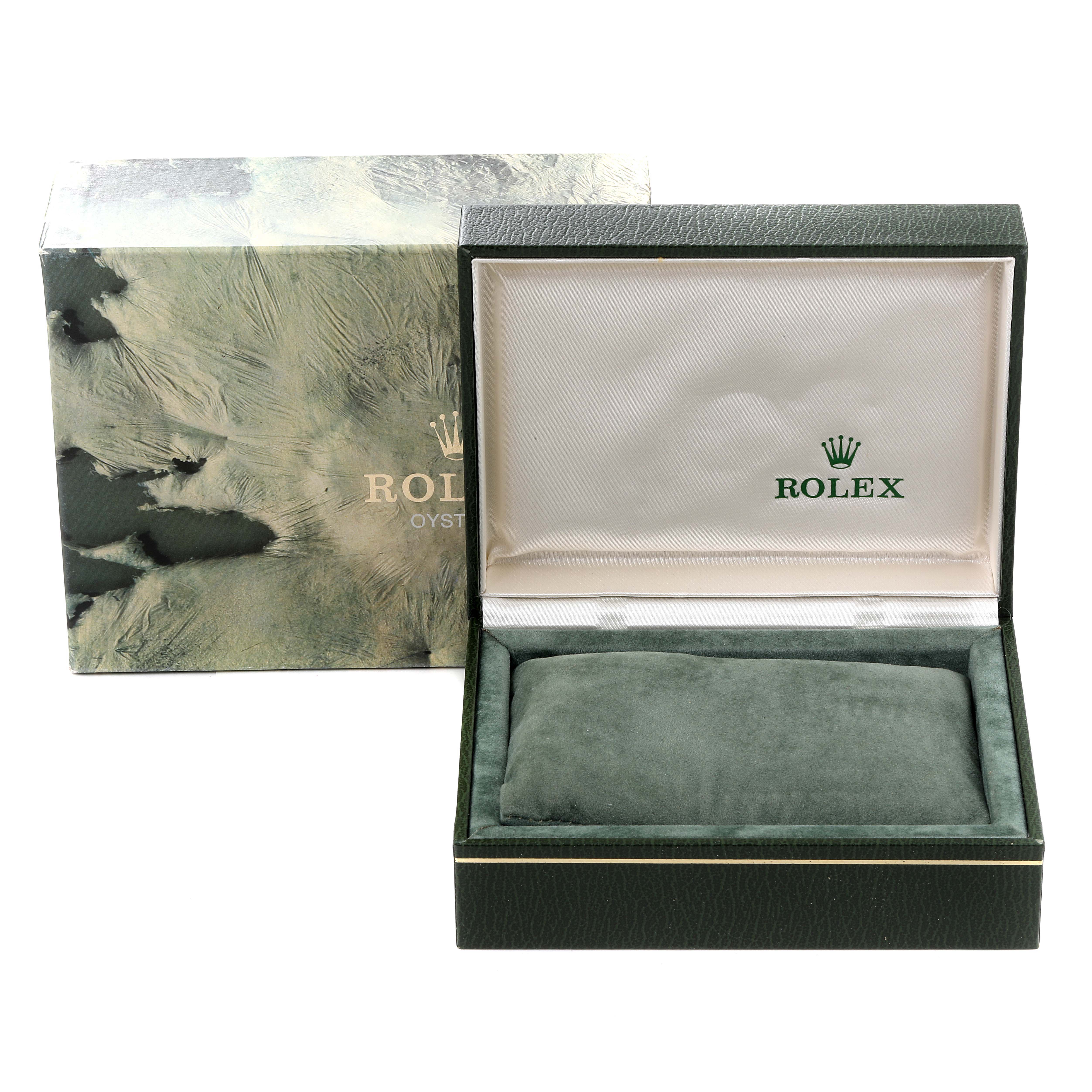 The image shows the open box and outer packaging of a Rolex Oysterquartz 17013 Men's Steel and Gold (two tone) White Dial 17013 Men's Steel and Gold (two tone) White Dial watch, with the inner cushion visible.