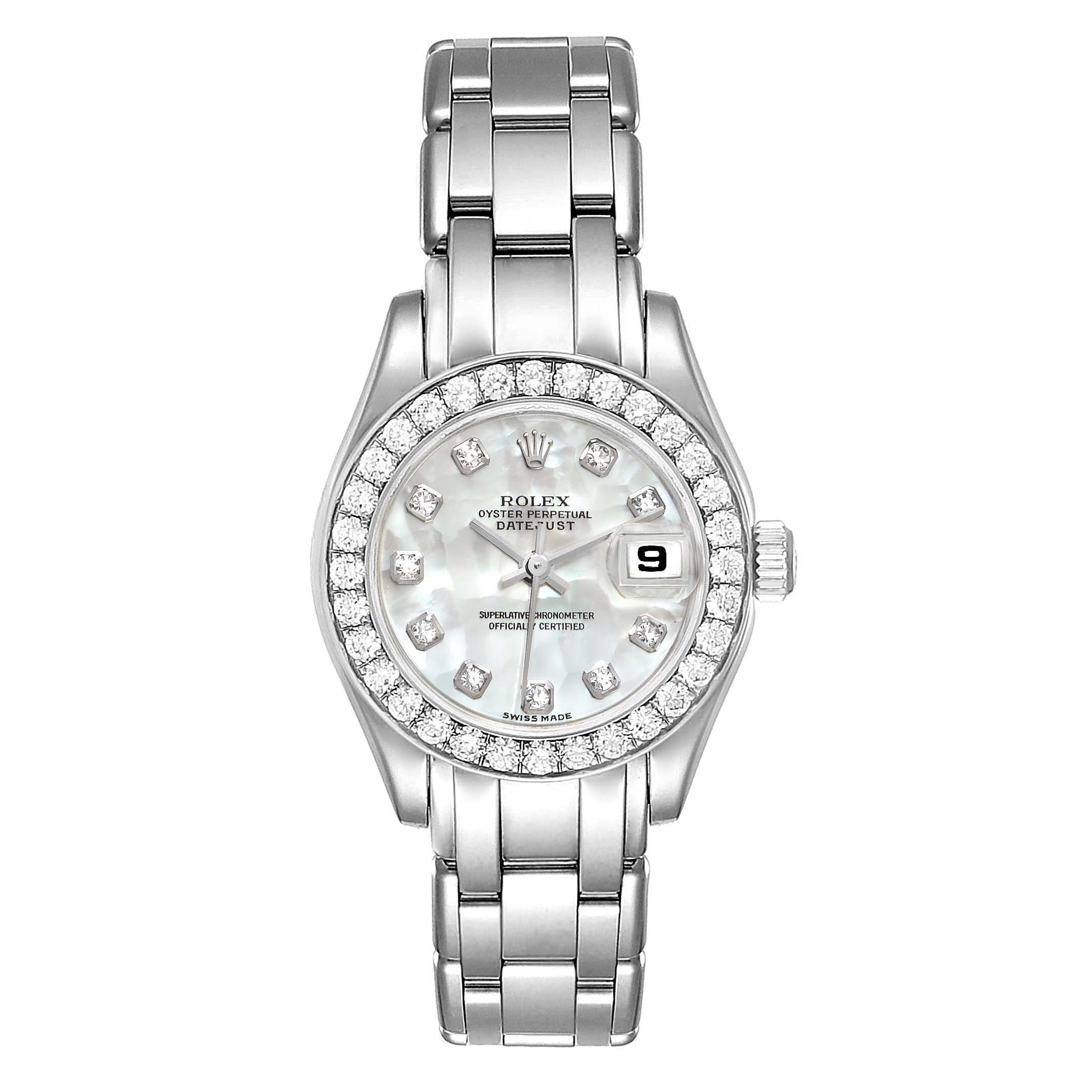 The Rolex Pearlmaster 80299 Women's White Gold Mother of Pearl Dial 80299 Women's White Gold Mother of Pearl Dial watch is shown from a top-down angle, displaying the dial, bezel, and bracelet.