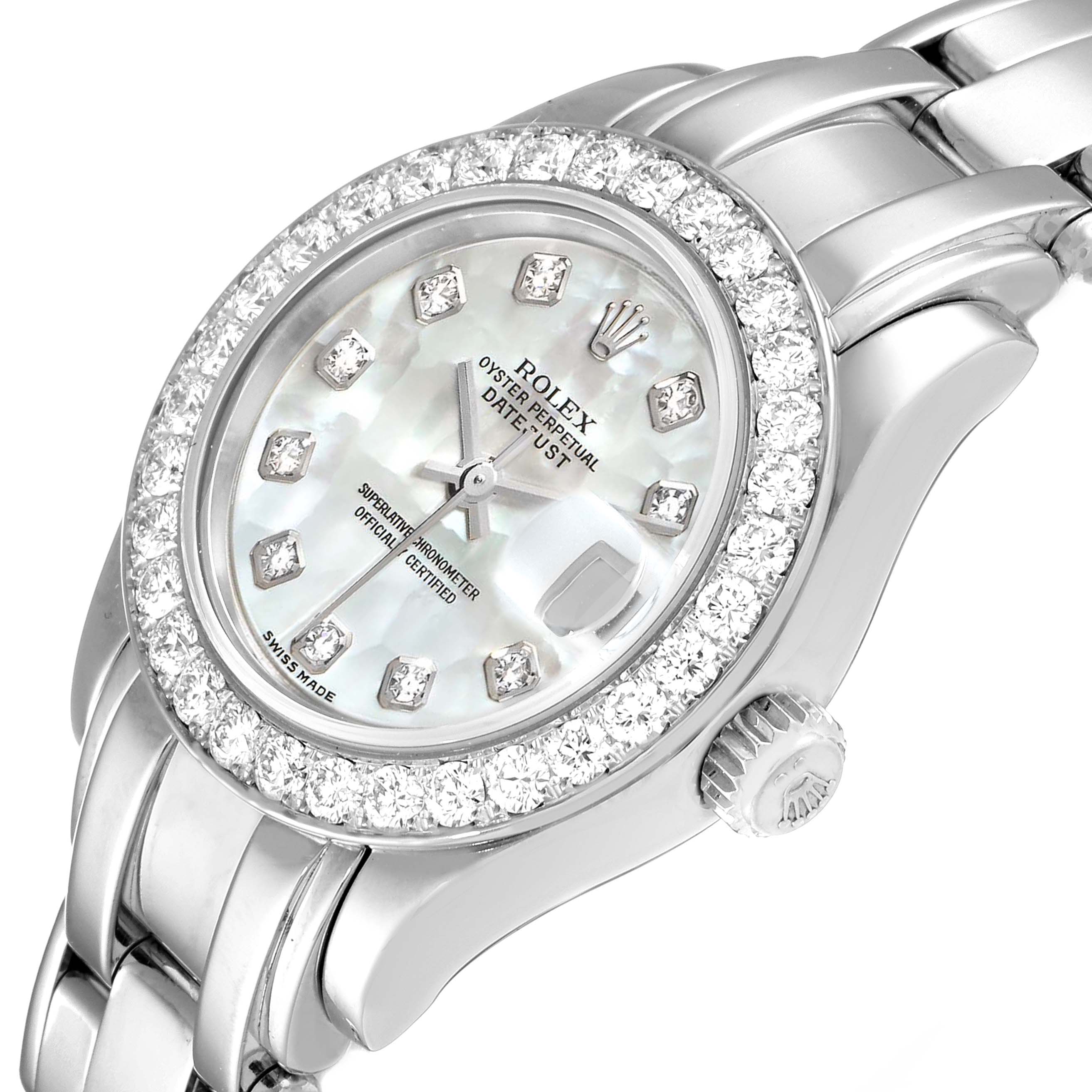 The image shows a close-up view of the Rolex Pearlmaster 80299 Women's White Gold Mother of Pearl Dial 80299 Women's White Gold Mother of Pearl Dial watch, highlighting the face, bezel with diamonds, and part of the bracelet.