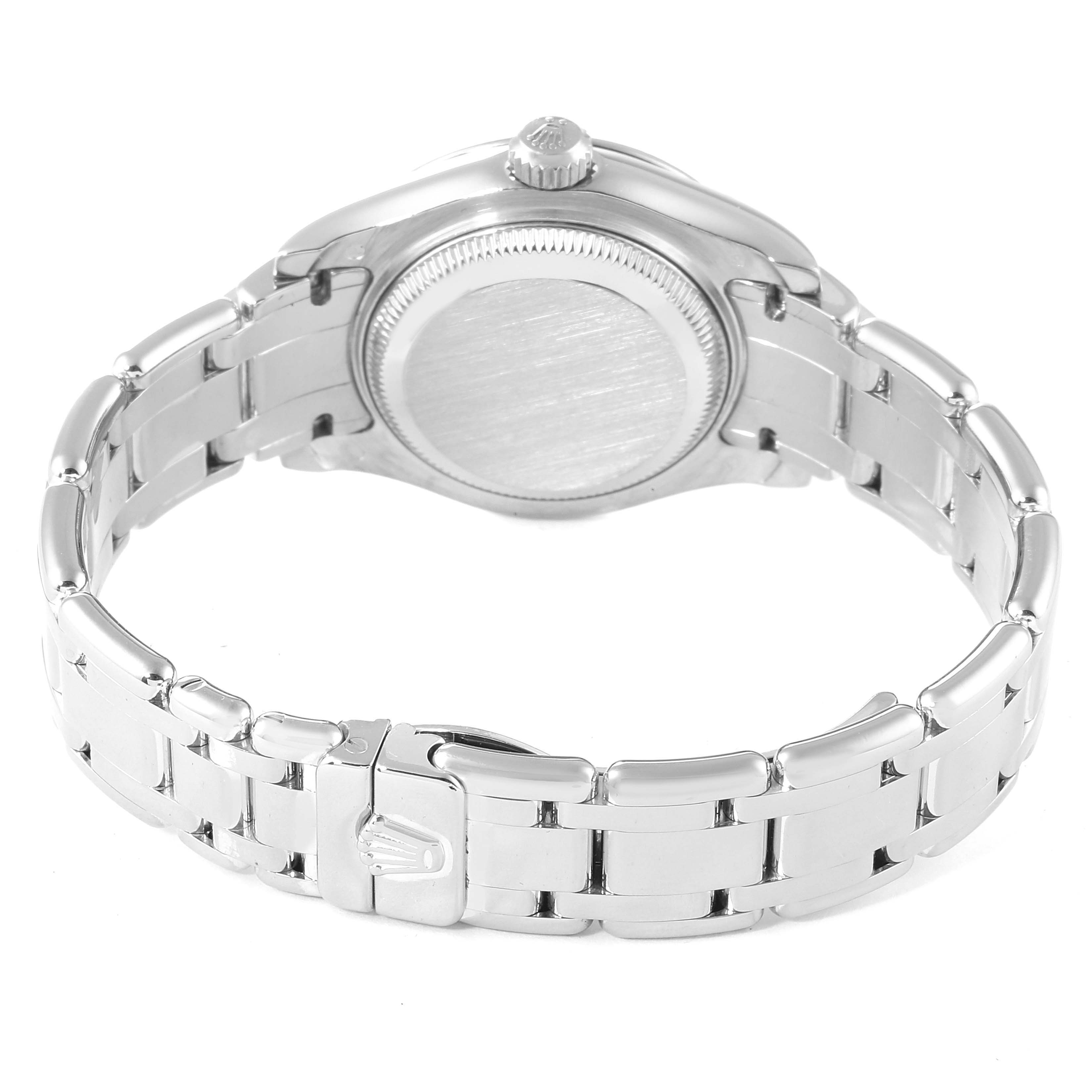 This image shows a rear view of the Rolex Pearlmaster 80299 Women's White Gold Mother of Pearl Dial 80299 Women's White Gold Mother of Pearl Dial watch, highlighting the clasp, bracelet, case back, and crown.