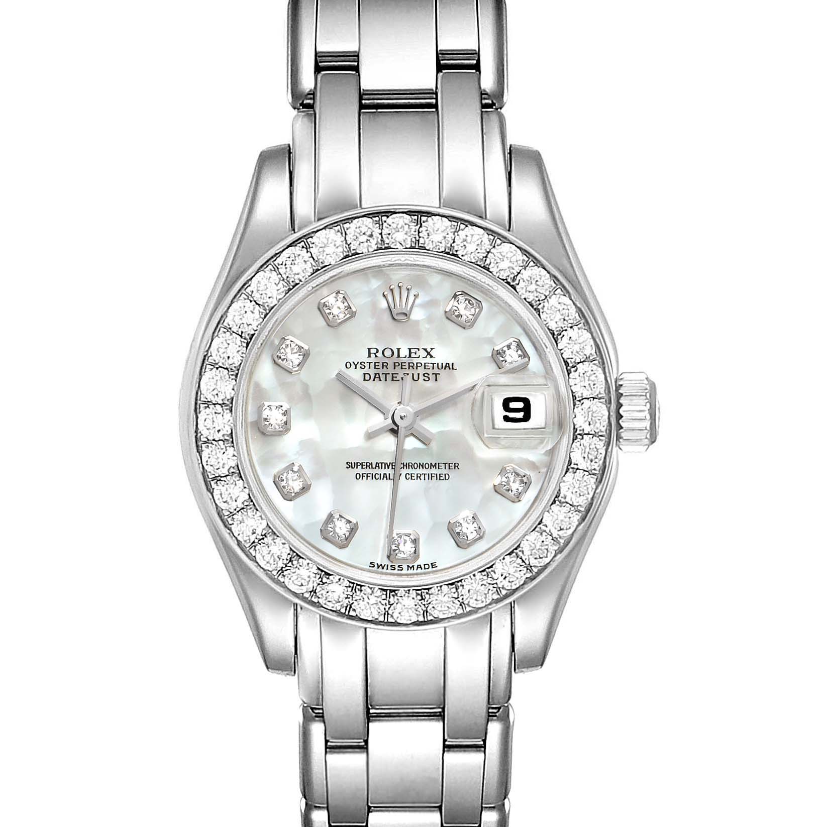 This image shows a front view of a Rolex Pearlmaster 80299 Women's White Gold Mother of Pearl Dial 80299 Women's White Gold Mother of Pearl Dial watch, highlighting the dial, diamond bezel, and bracelet.