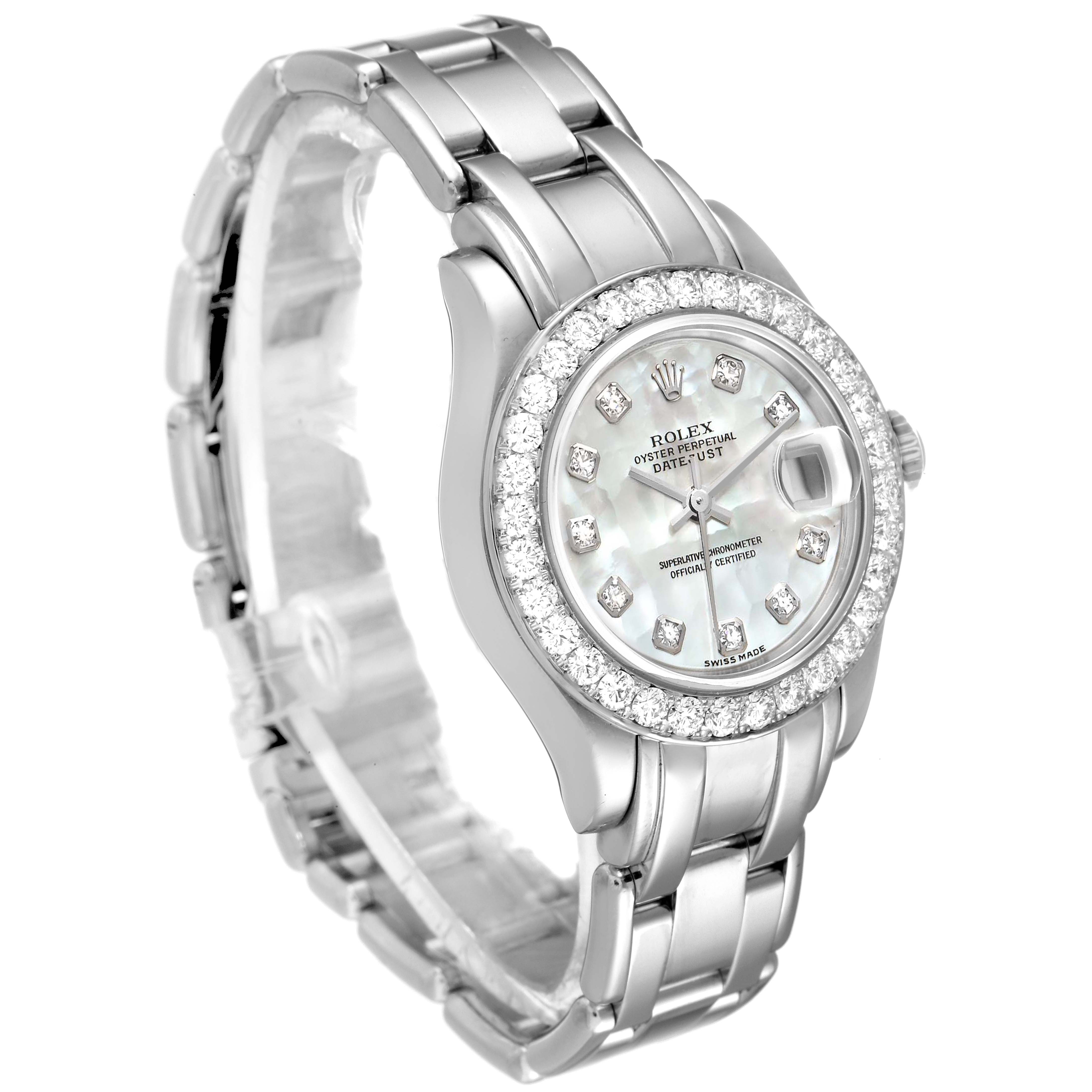 The image shows a frontal angled view of the Rolex Pearlmaster 80299 Women's White Gold Mother of Pearl Dial 80299 Women's White Gold Mother of Pearl Dial watch, highlighting its bracelet, bezel, and face.