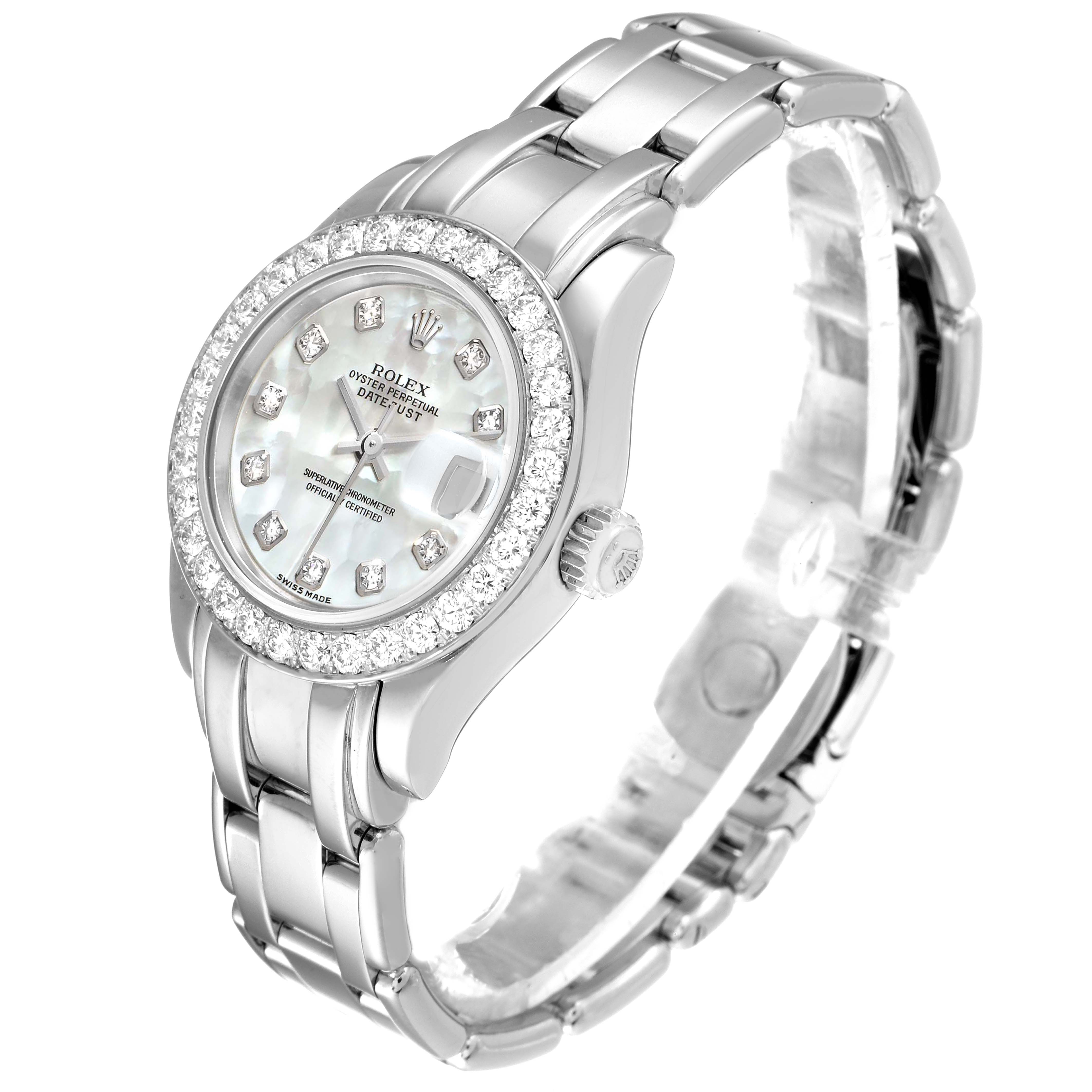 This image shows a Rolex Pearlmaster 80299 Women's White Gold Mother of Pearl Dial 80299 Women's White Gold Mother of Pearl Dial watch angled to display the face, bezel, crown, and bracelet.