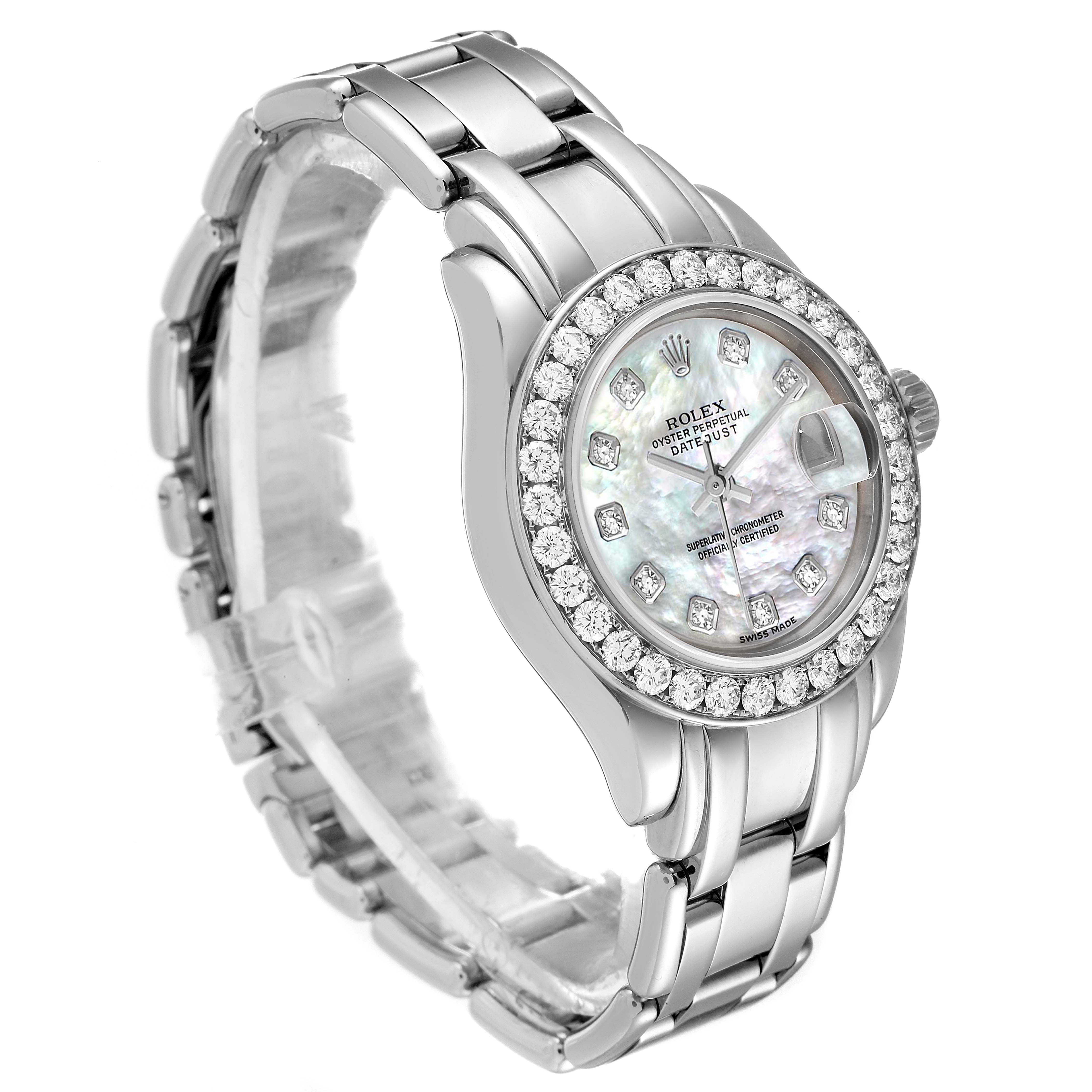 The image shows a Rolex Pearlmaster 80299 Women's White Gold Mother of Pearl Dial 80299 Women's White Gold Mother of Pearl Dial watch at an angled view highlighting the bezel, dial, bracelet, and crown.