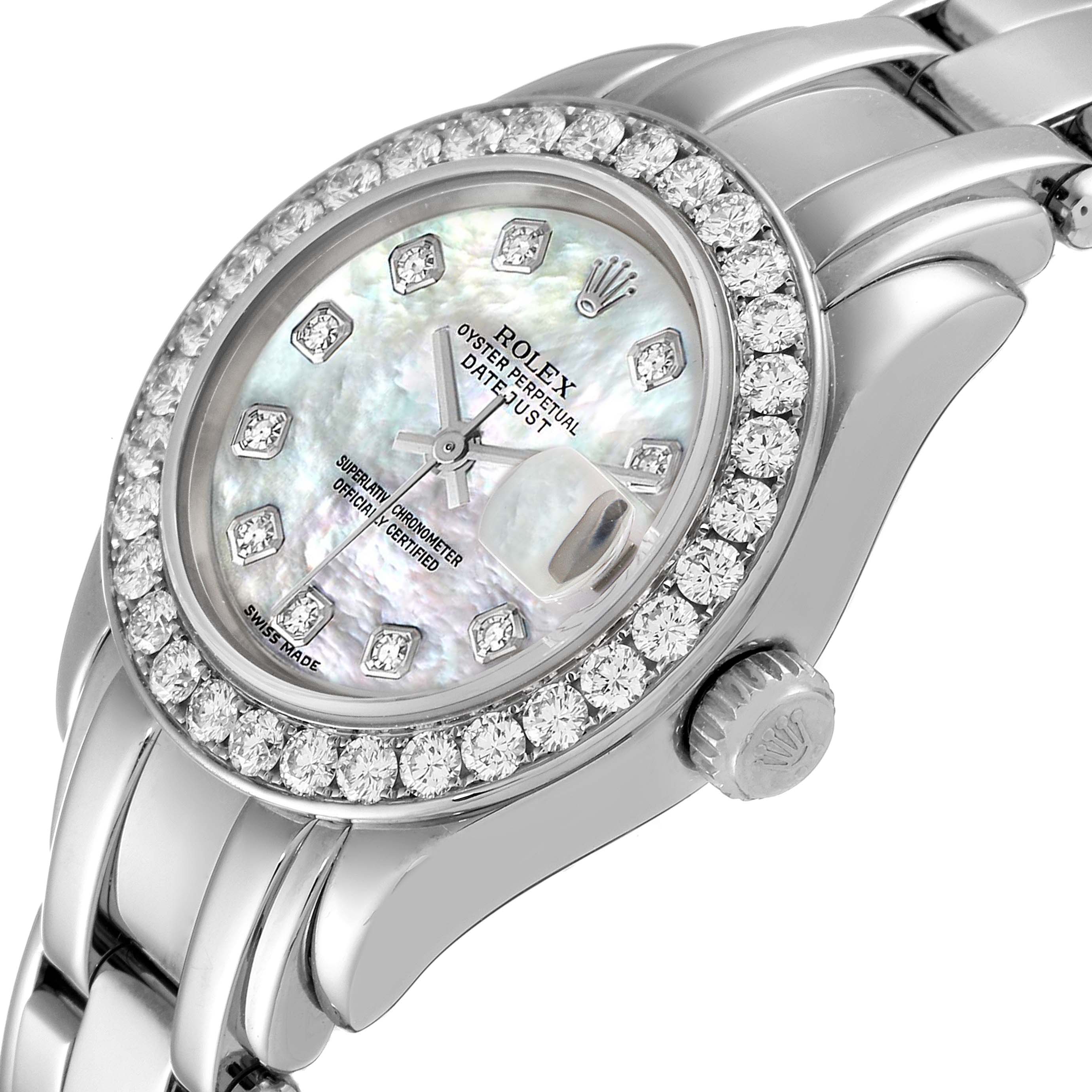 The Rolex Pearlmaster 80299 Women's White Gold Mother of Pearl Dial 80299 Women's White Gold Mother of Pearl Dial watch is shown at an angle, highlighting its diamond-set bezel, mother-of-pearl dial, and part of the bracelet.