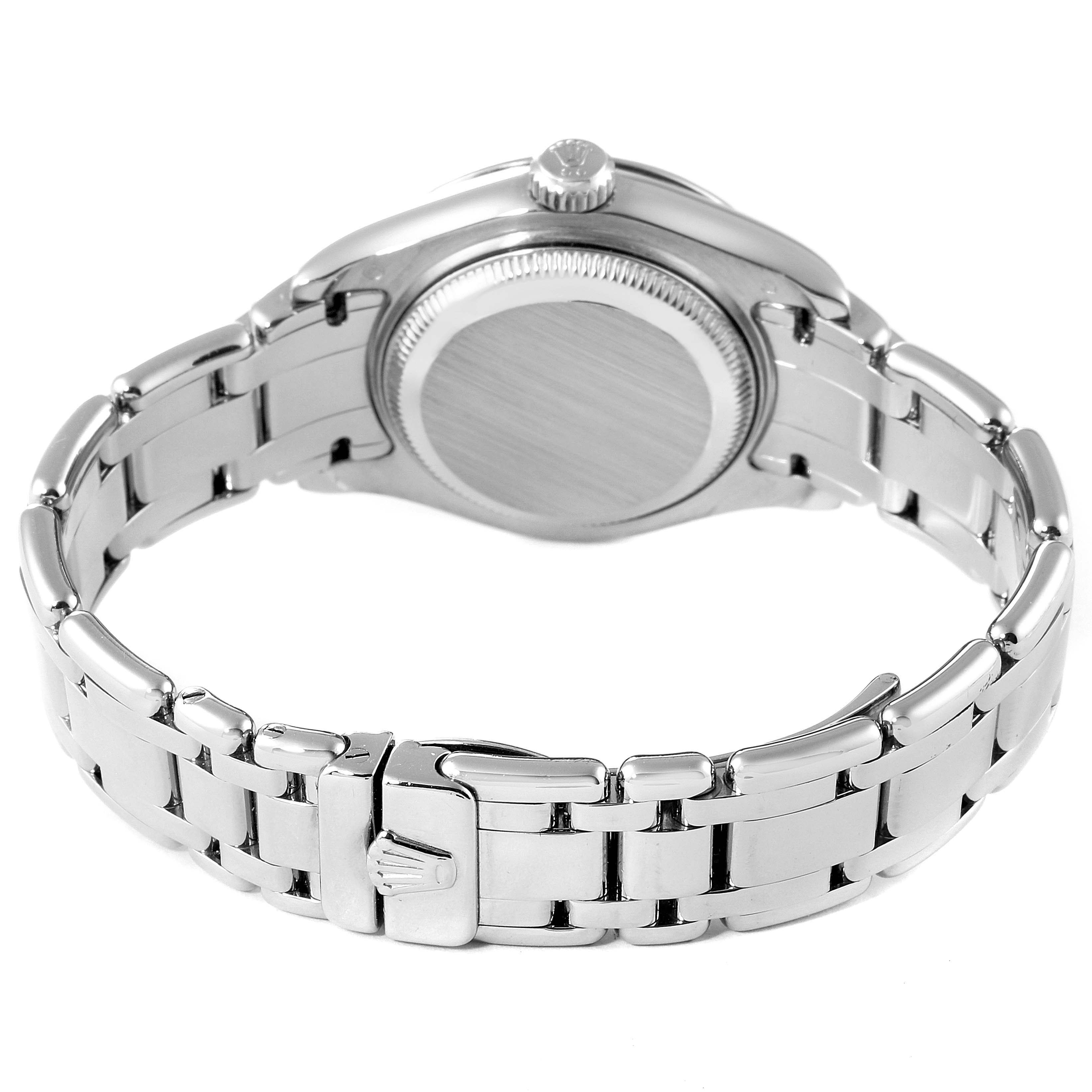 The image shows the back view of the Rolex Pearlmaster 80299 Women's White Gold Mother of Pearl Dial 80299 Women's White Gold Mother of Pearl Dial watch, highlighting the case back, bracelet, and clasp.