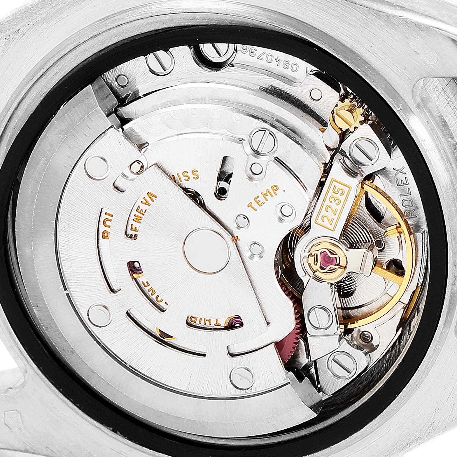This image shows the intricate movement mechanism inside a Rolex Pearlmaster 80299 Women's White Gold Mother of Pearl Dial 80299 Women's White Gold Mother of Pearl Dial watch from a close-up angle.