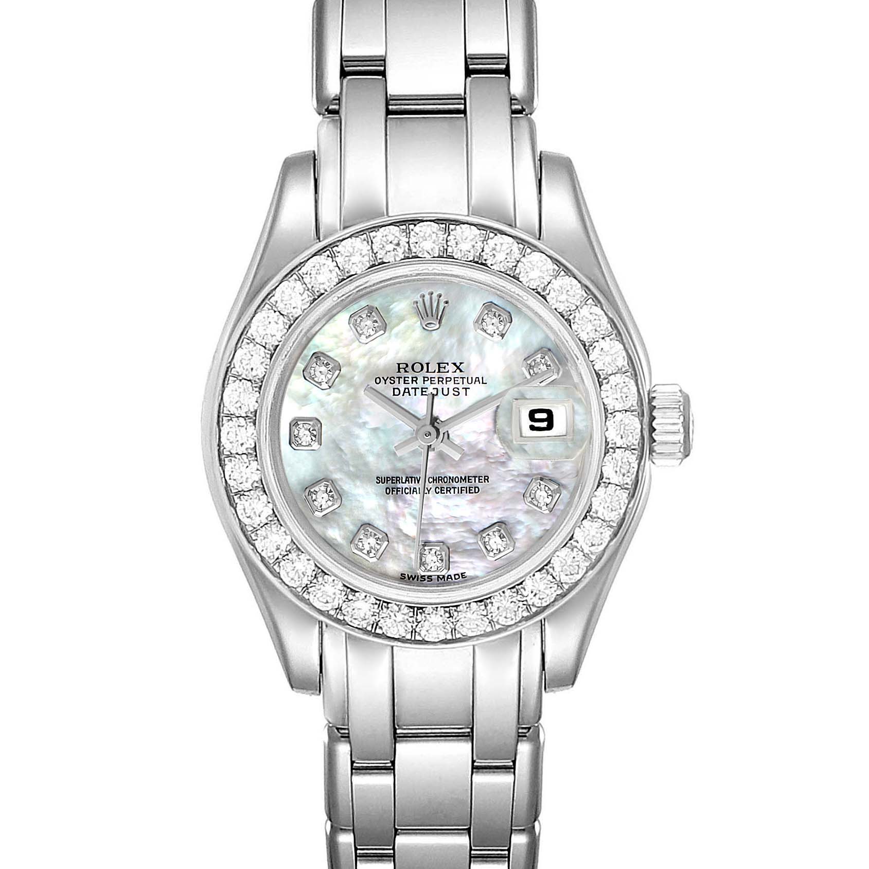 This image shows a front view of a Rolex Pearlmaster 80299 Women's White Gold Mother of Pearl Dial 80299 Women's White Gold Mother of Pearl Dial watch, highlighting its face, bezel, and part of the bracelet.