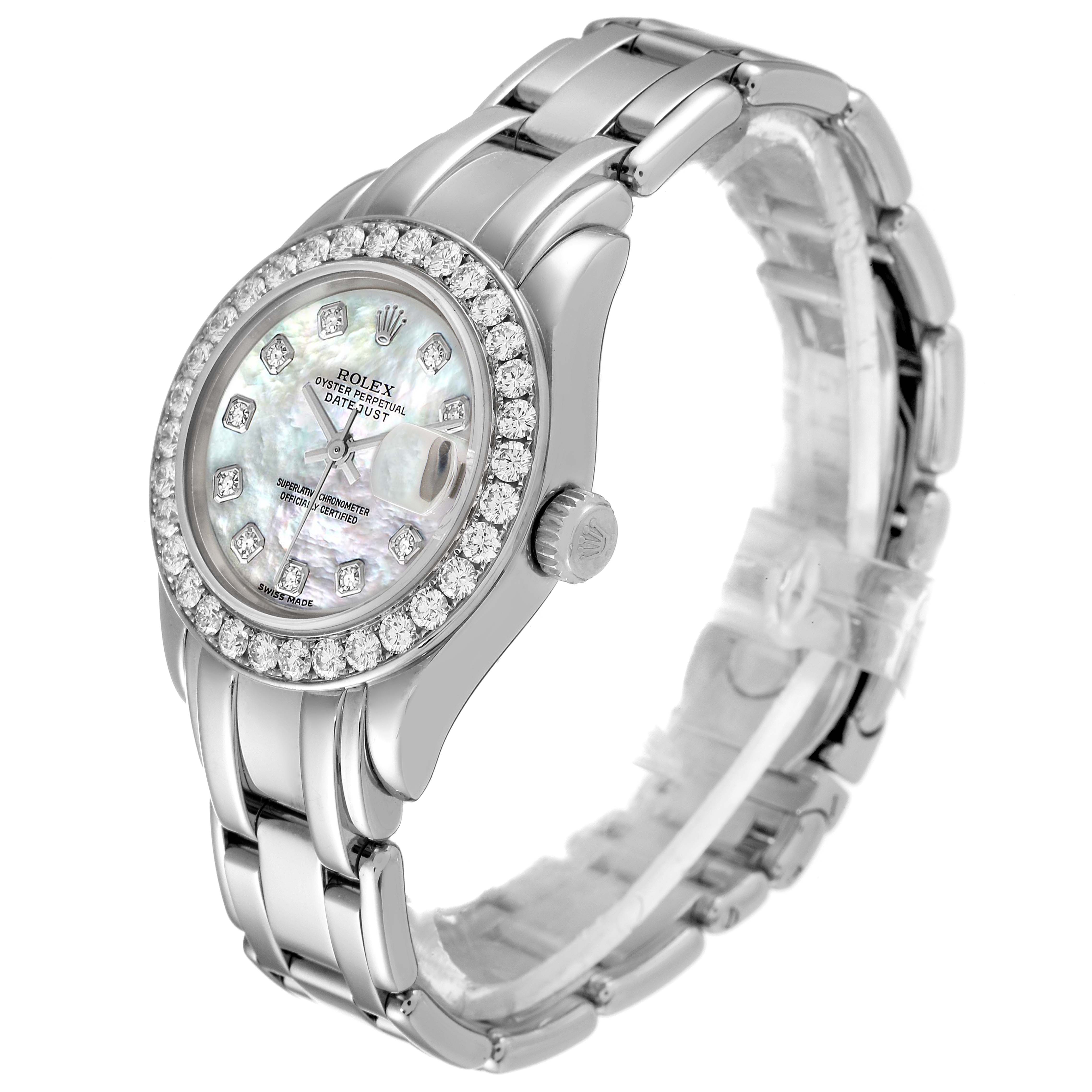The image shows a Rolex Pearlmaster 80299 Women's White Gold Mother of Pearl Dial 80299 Women's White Gold Mother of Pearl Dial watch at an angle highlighting its face, bezel, crown, and part of the bracelet.