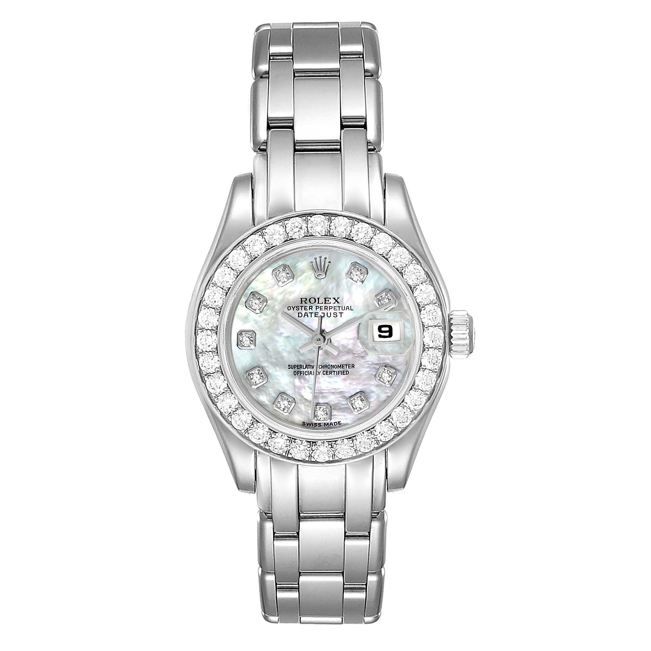 The Rolex Pearlmaster 80299 Women's White Gold Mother of Pearl Dial 80299 Women's White Gold Mother of Pearl Dial watch is shown from a front angle, displaying the face, bezel, and part of the bracelet.