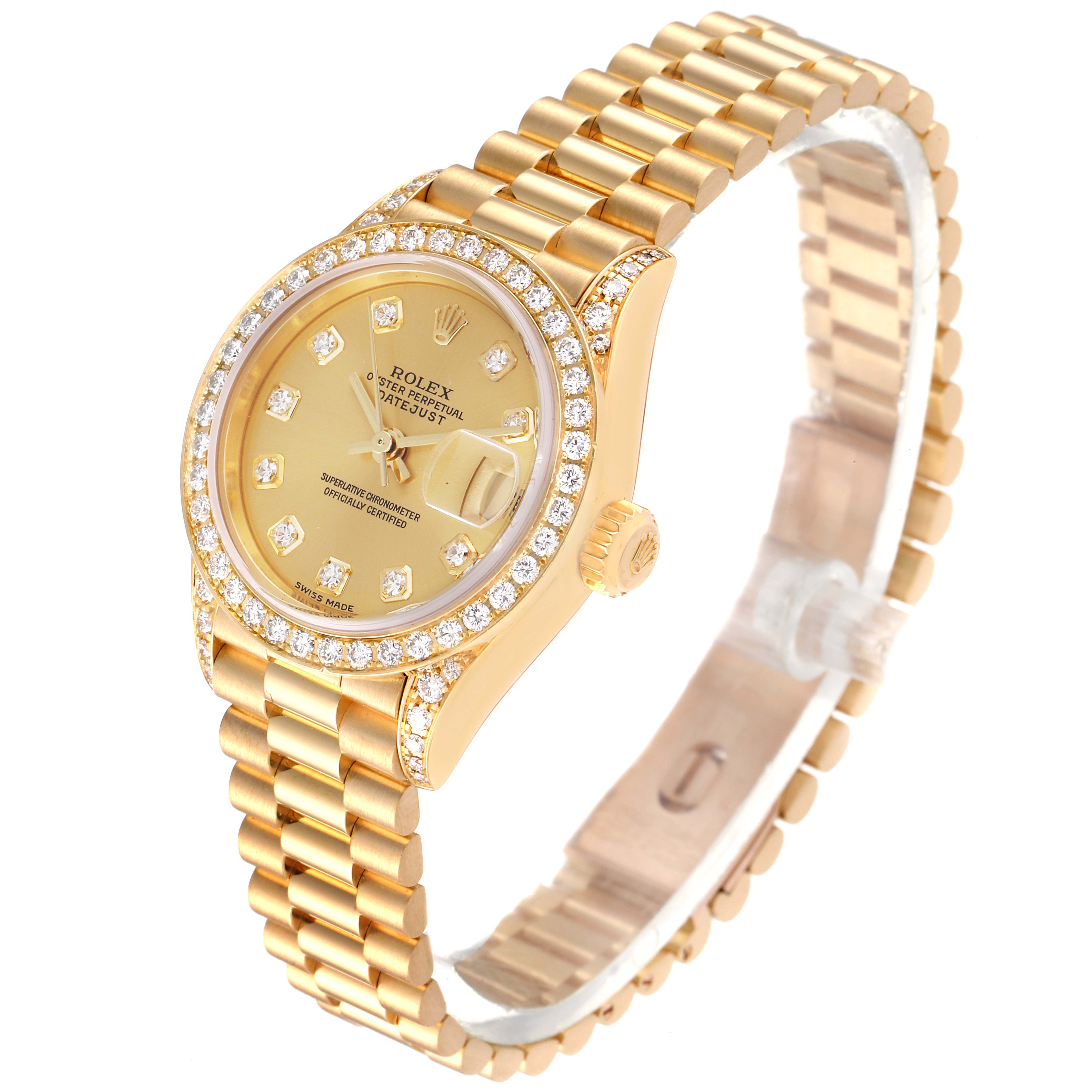 The Rolex President 79158 Women
s Yellow Gold Champagne Dial 79158 Women
s Yellow Gold Champagne Dial model watch is shown at an angle highlighting the face, bezel, crown, and bracelet.