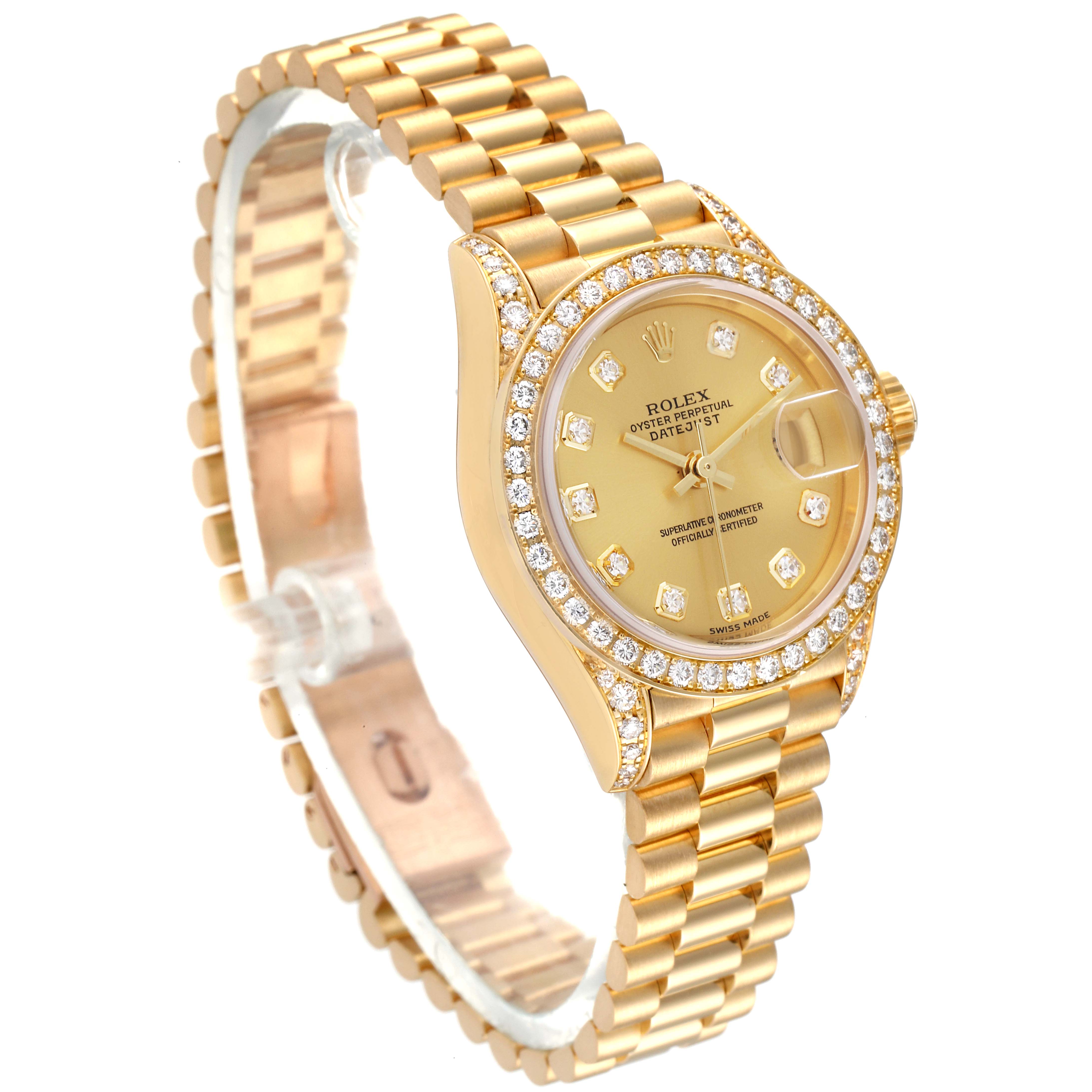 The image shows a Rolex President 79158 Women
s Yellow Gold Champagne Dial 79158 Women
s Yellow Gold Champagne Dial model watch at an angled view, displaying its face, bezel, bracelet, and crown.