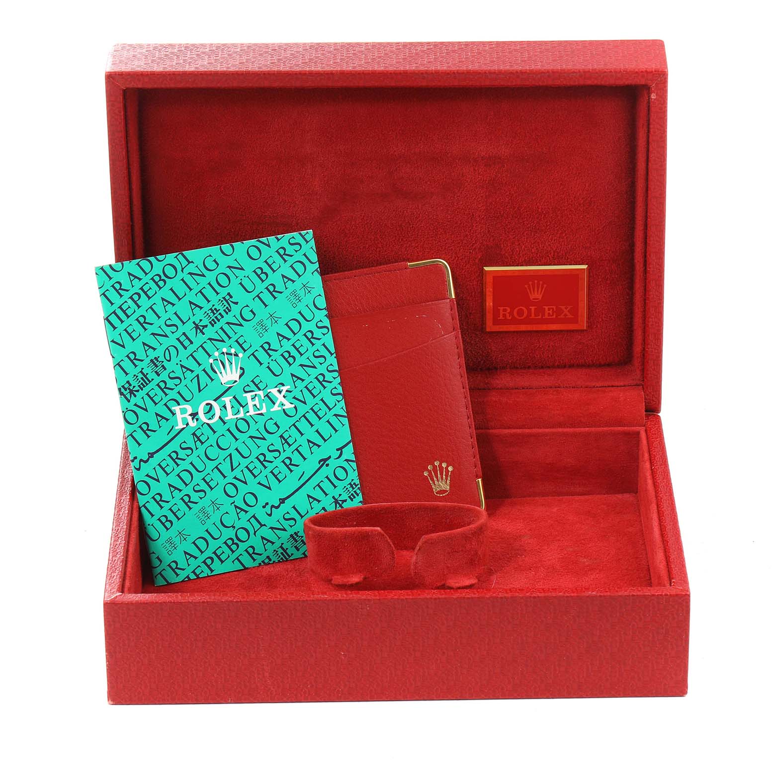 The image shows a red Rolex President 79158 Women
s Yellow Gold Champagne Dial 79158 Women
s Yellow Gold Champagne Dial watch box with documentation and a cardholder inside.