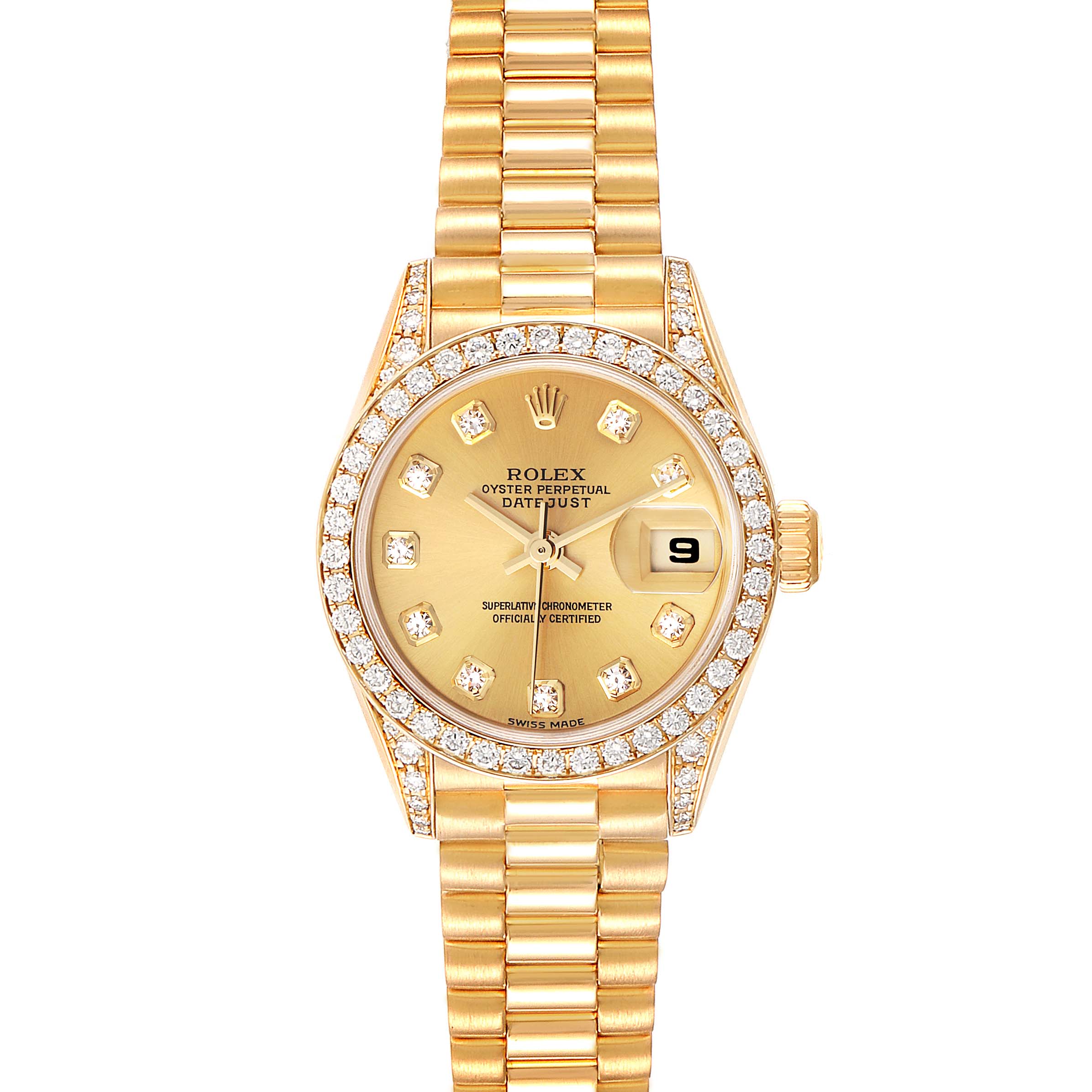 The image shows a front view of a Rolex President 79158 Women
s Yellow Gold Champagne Dial 79158 Women
s Yellow Gold Champagne Dial model watch with a gold bracelet and diamond bezel.