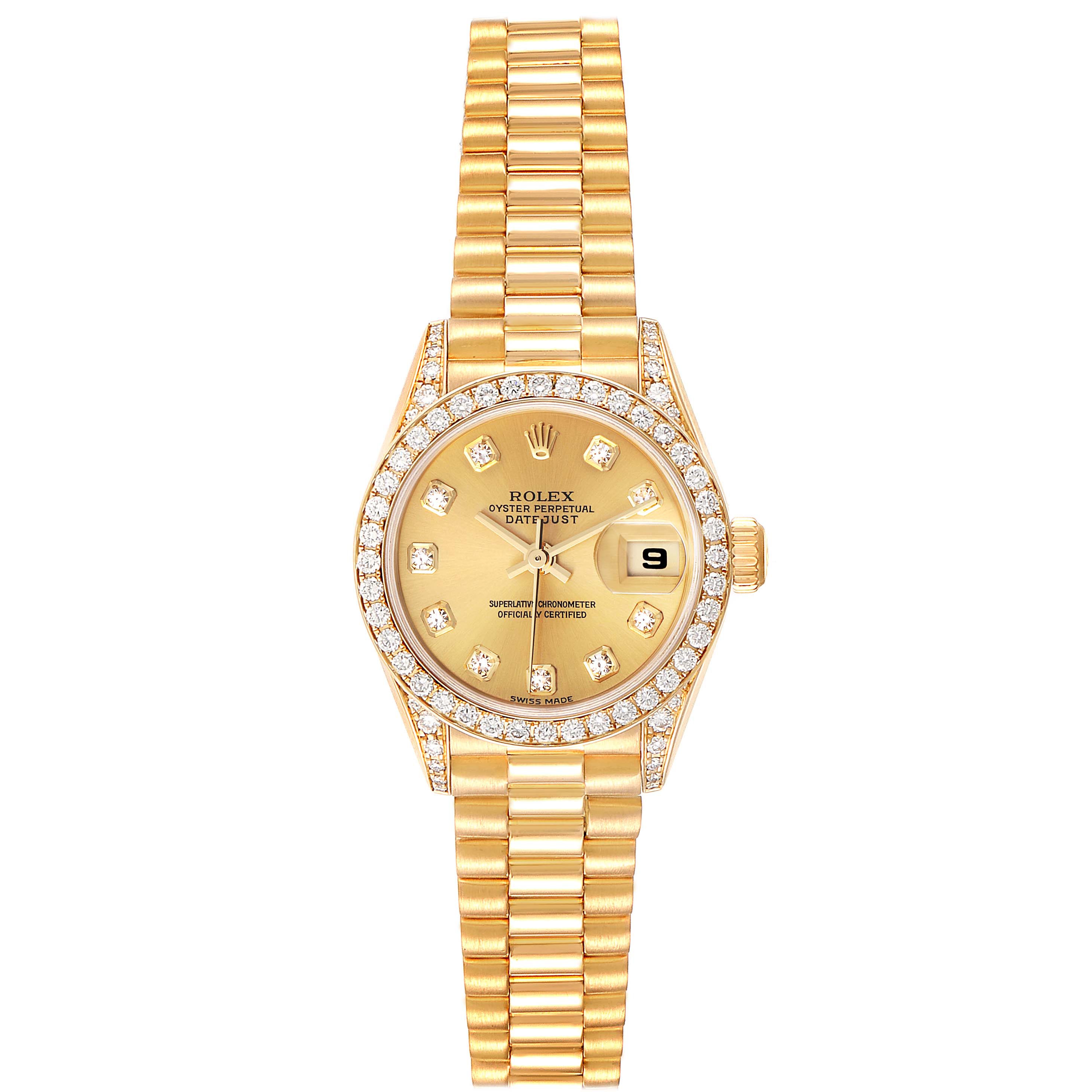 The image shows a frontal view of a Rolex President 79158 Women
s Yellow Gold Champagne Dial 79158 Women
s Yellow Gold Champagne Dial model watch, showcasing its gold bracelet, bezel, dial, and date display.