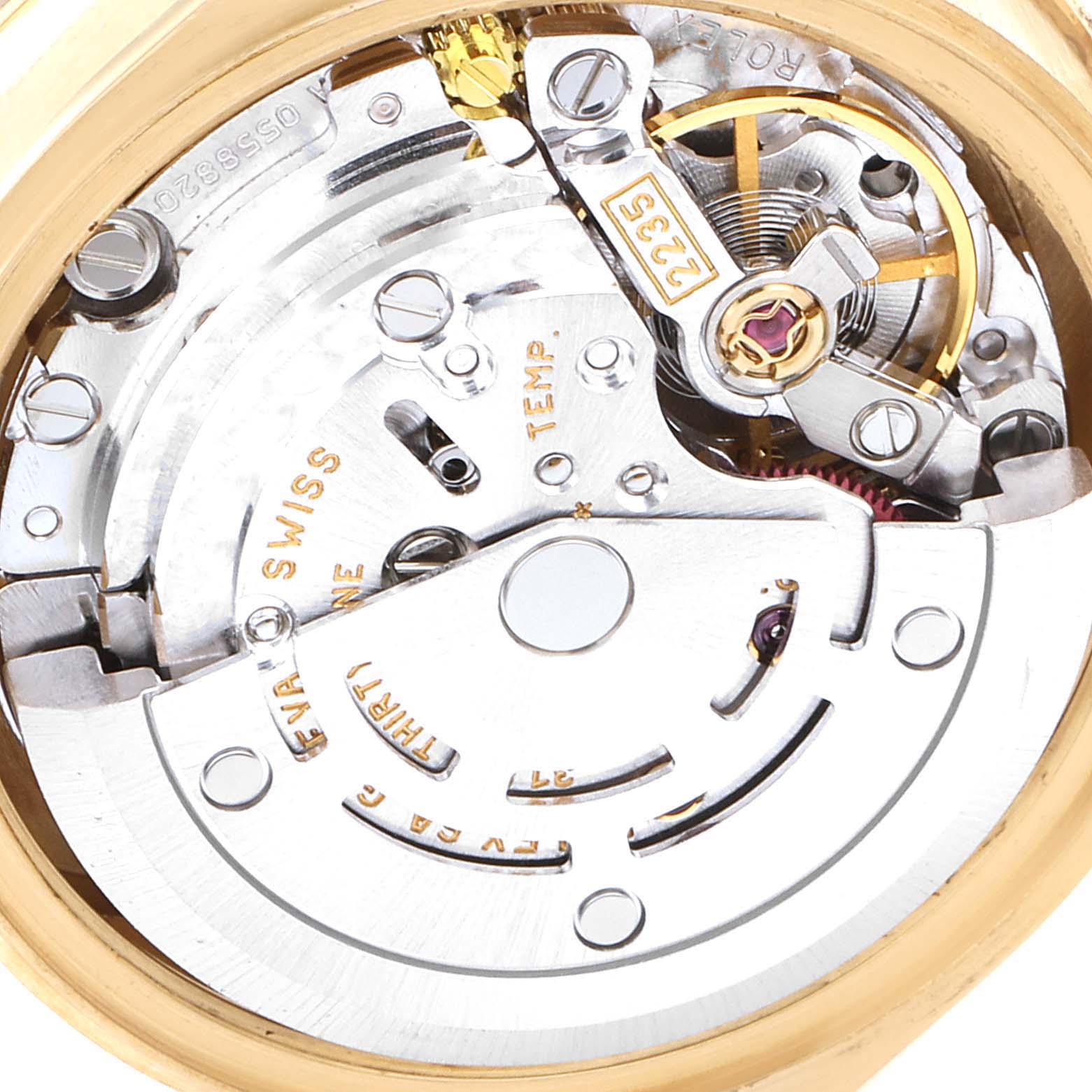 The image shows the internal movement mechanism of a Rolex President 79158 Women
s Yellow Gold Champagne Dial 79158 Women
s Yellow Gold Champagne Dial model watch.