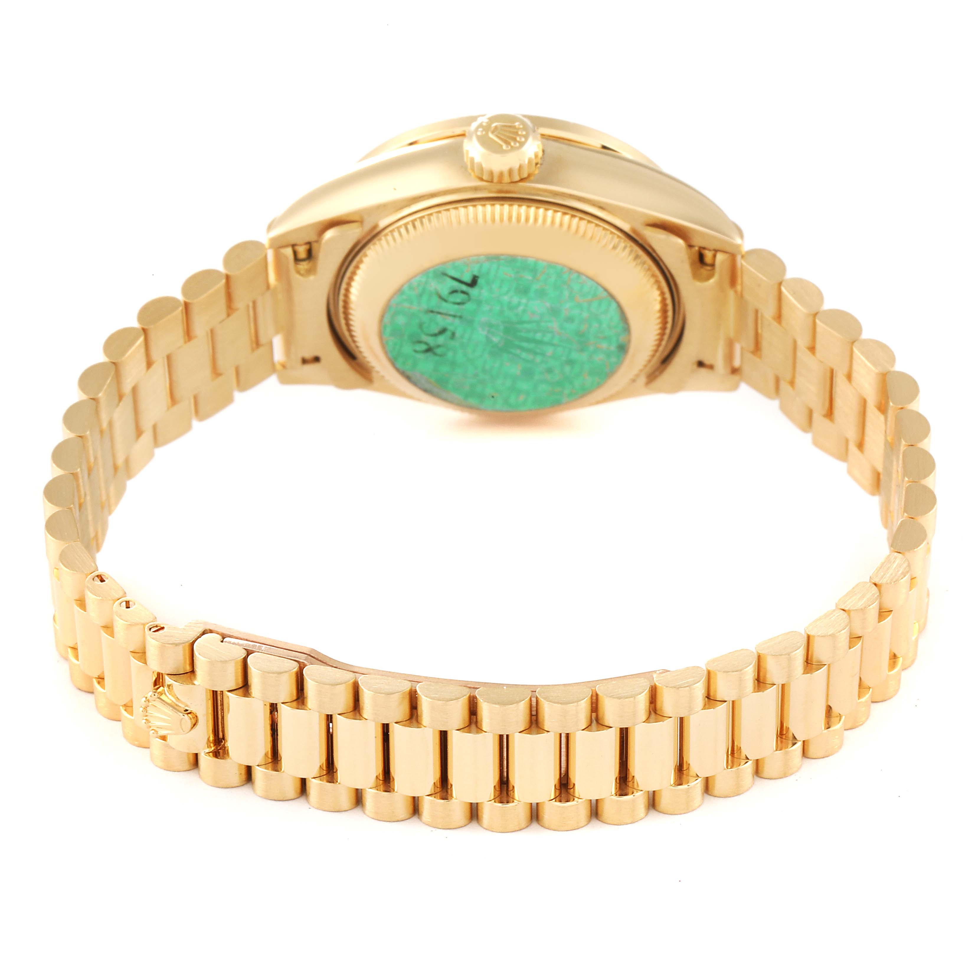 The image shows the back view of a Rolex President 79158 Women
s Yellow Gold Champagne Dial 79158 Women
s Yellow Gold Champagne Dial model watch, highlighting its gold bracelet and case back.