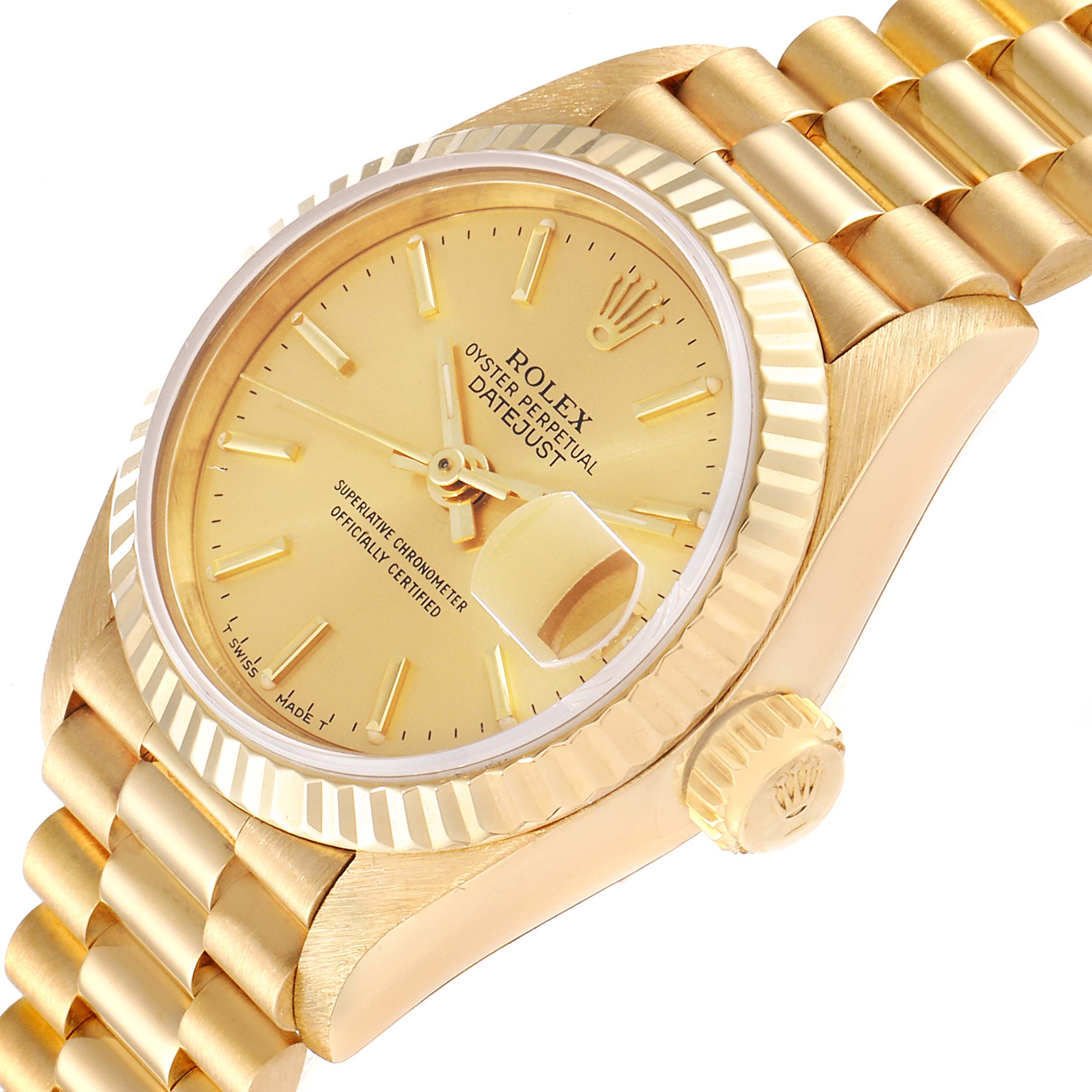 The image shows a close-up angled view of the dial, bezel, crown, and part of the bracelet of a Rolex President 69178 Women
s Yellow Gold Champagne Dial 69178 Women
s Yellow Gold Champagne Dial model watch.