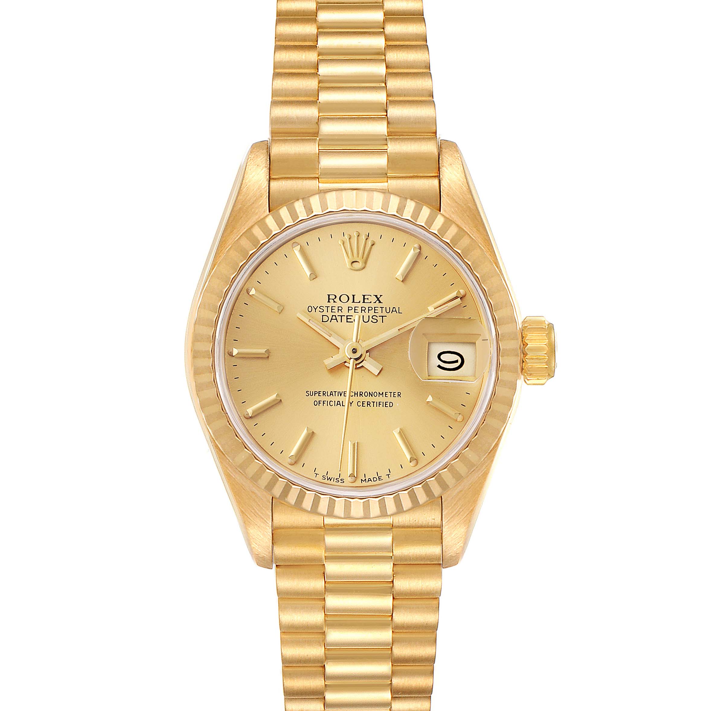 The image shows a Rolex President 69178 Women
s Yellow Gold Champagne Dial 69178 Women
s Yellow Gold Champagne Dial Datejust watch from a front angle, highlighting the gold dial, bezel, bracelet, and date window.