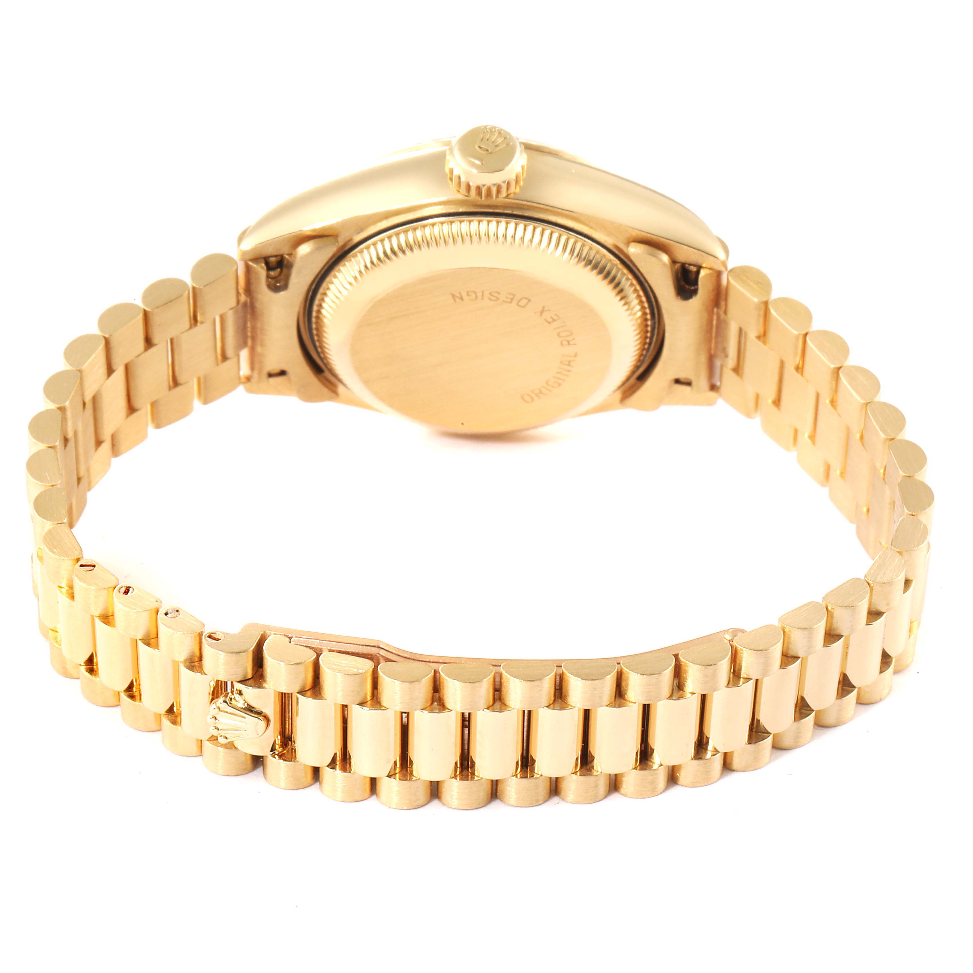 The image shows the backside and bracelet of a Rolex President 69178 Women
s Yellow Gold Champagne Dial 69178 Women
s Yellow Gold Champagne Dial model watch, highlighting its clasp and caseback.