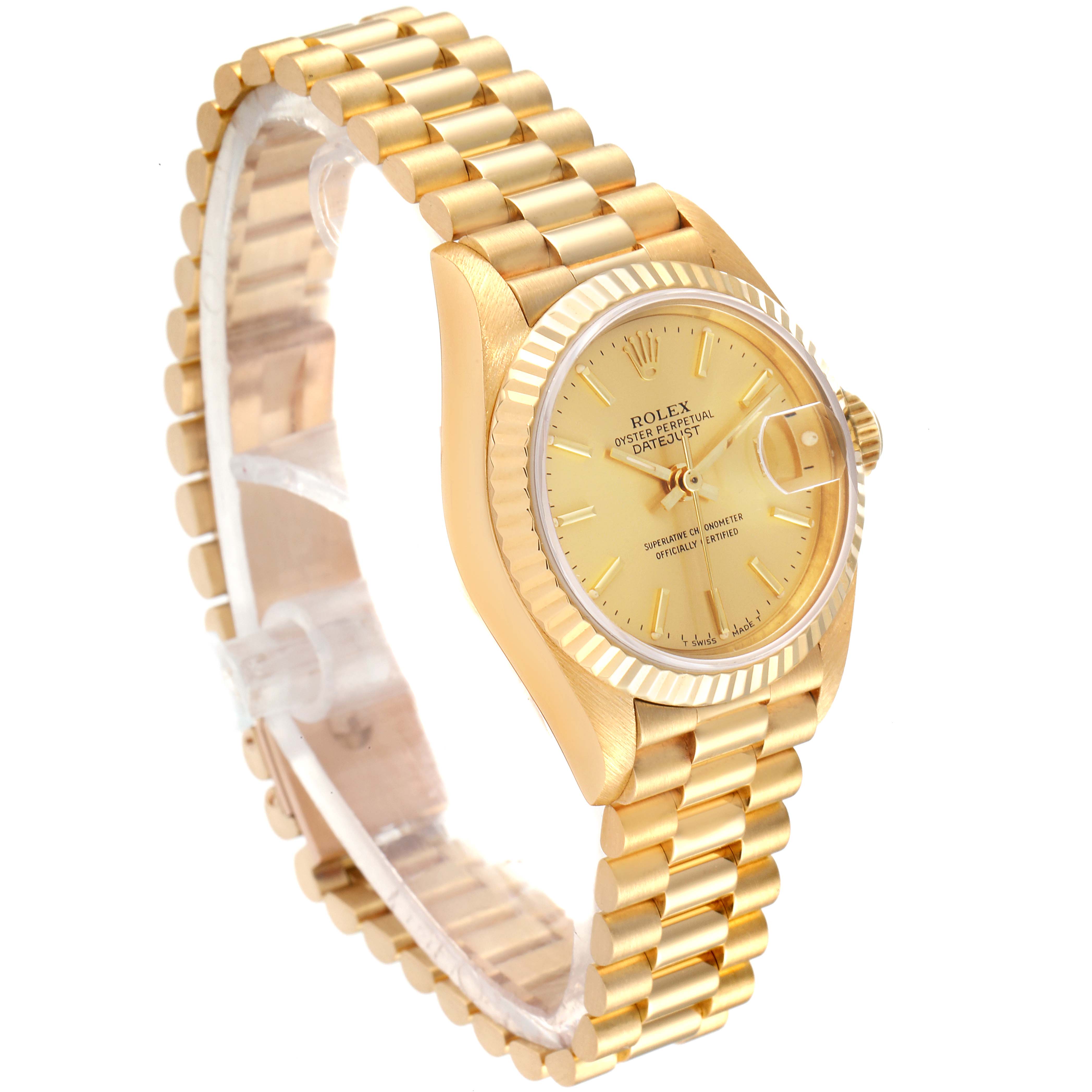 The image shows a side angle view of a Rolex President 69178 Women
s Yellow Gold Champagne Dial 69178 Women
s Yellow Gold Champagne Dial model watch, highlighting its gold bracelet, case, and dial.