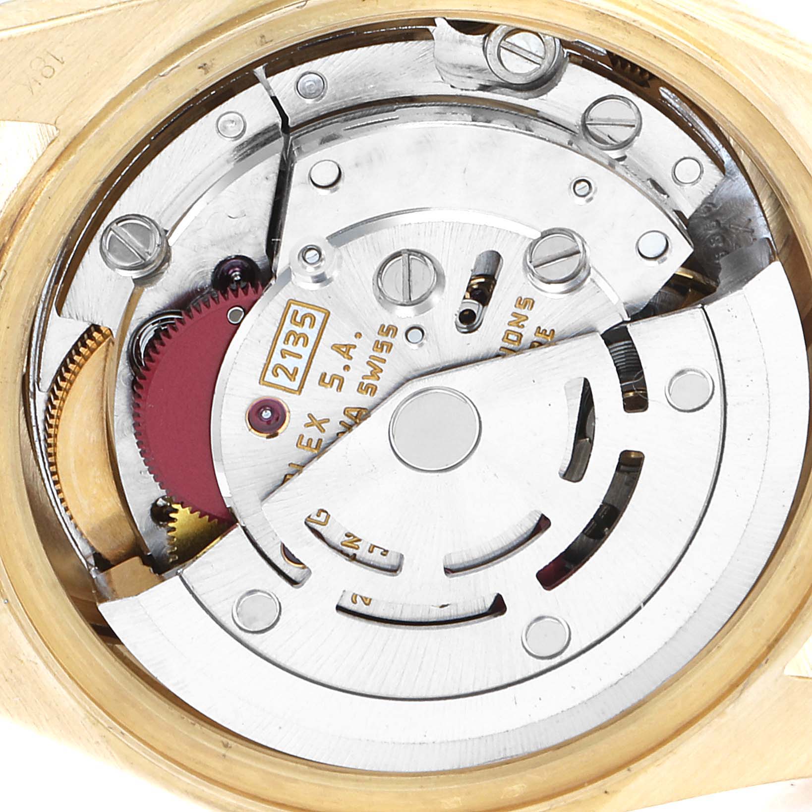 The image shows an angled close-up of the internal mechanism of a Rolex President 69178 Women
s Yellow Gold Champagne Dial 69178 Women
s Yellow Gold Champagne Dial model watch.