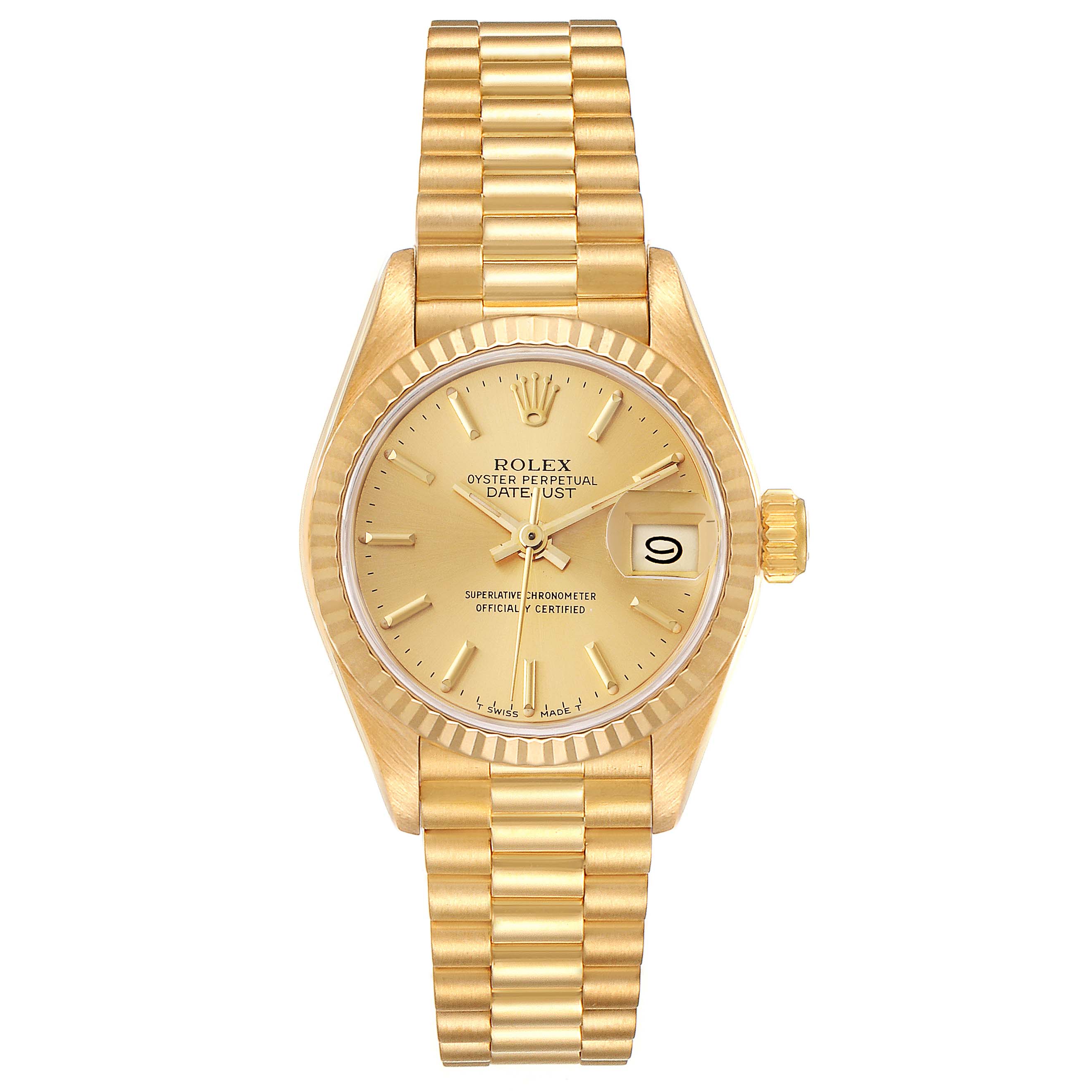 The image shows a front view of the Rolex President 69178 Women
s Yellow Gold Champagne Dial 69178 Women
s Yellow Gold Champagne Dial model watch, featuring the face, case, bracelet, and date window.