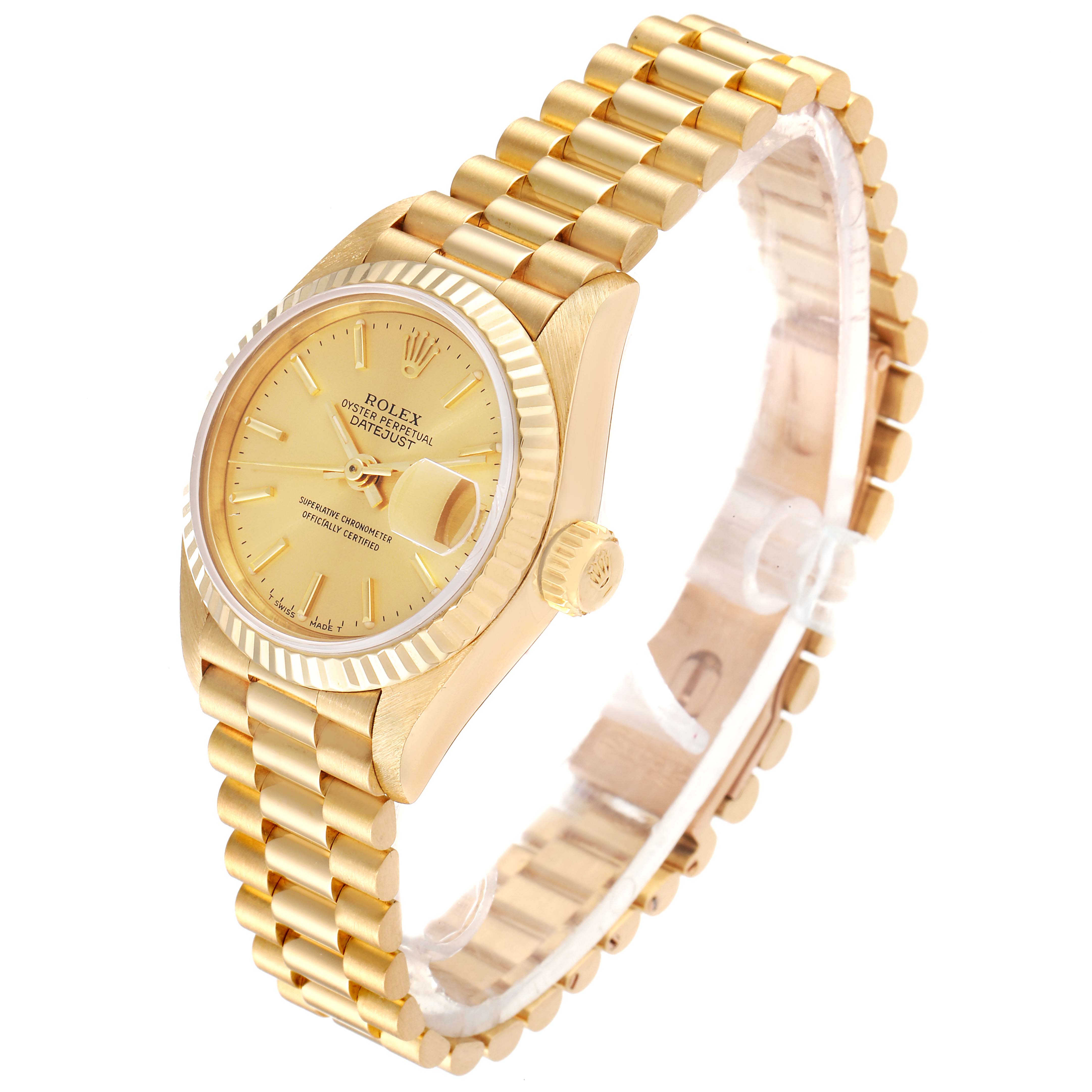 The image shows a Rolex President 69178 Women
s Yellow Gold Champagne Dial 69178 Women
s Yellow Gold Champagne Dial model watch at a 3/4 angle highlighting the case, dial, bracelet, and crown.