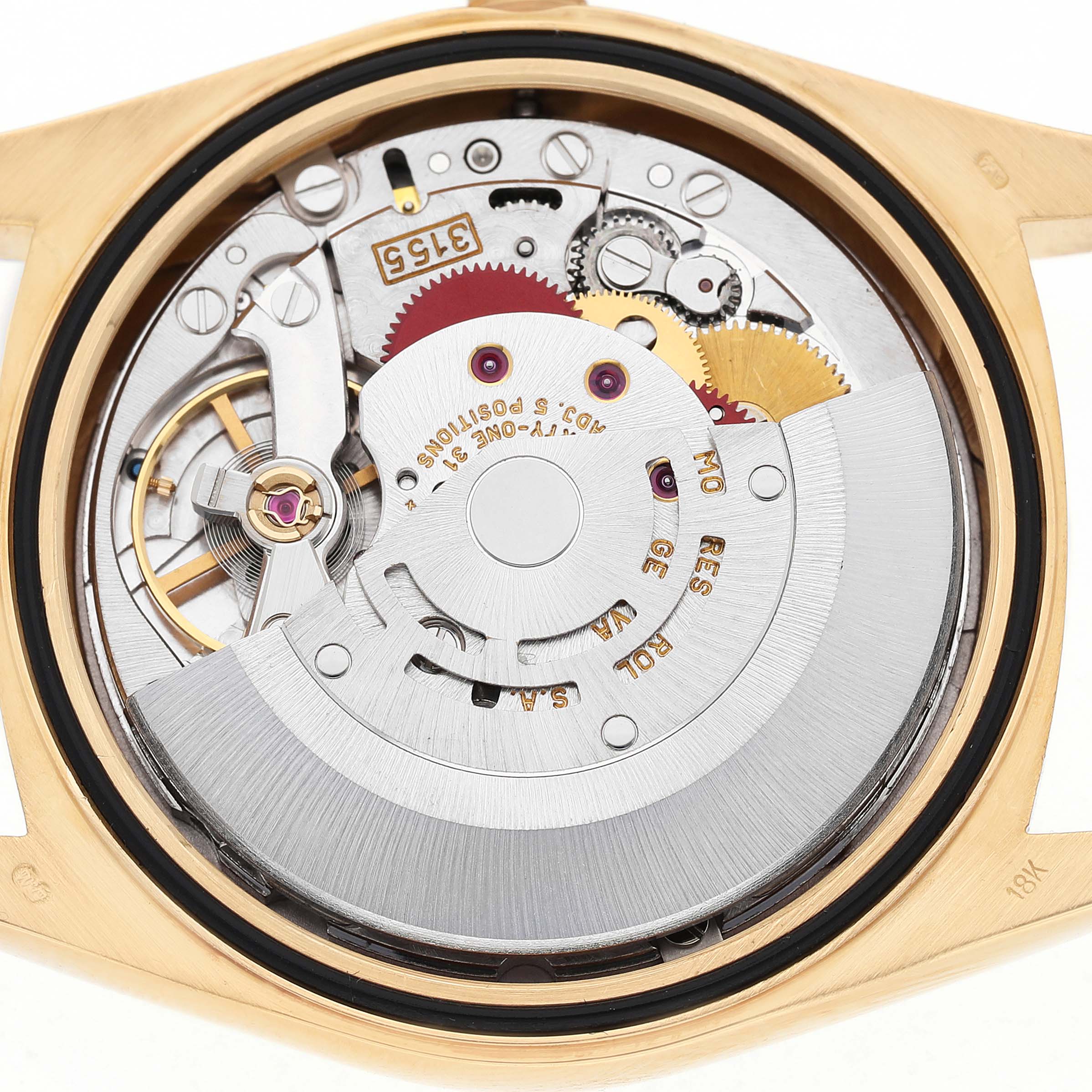 The image shows the movement mechanism of a Rolex GMT-Master 18238 Men's Yellow Gold Champagne Dial watch from a top-down angle.