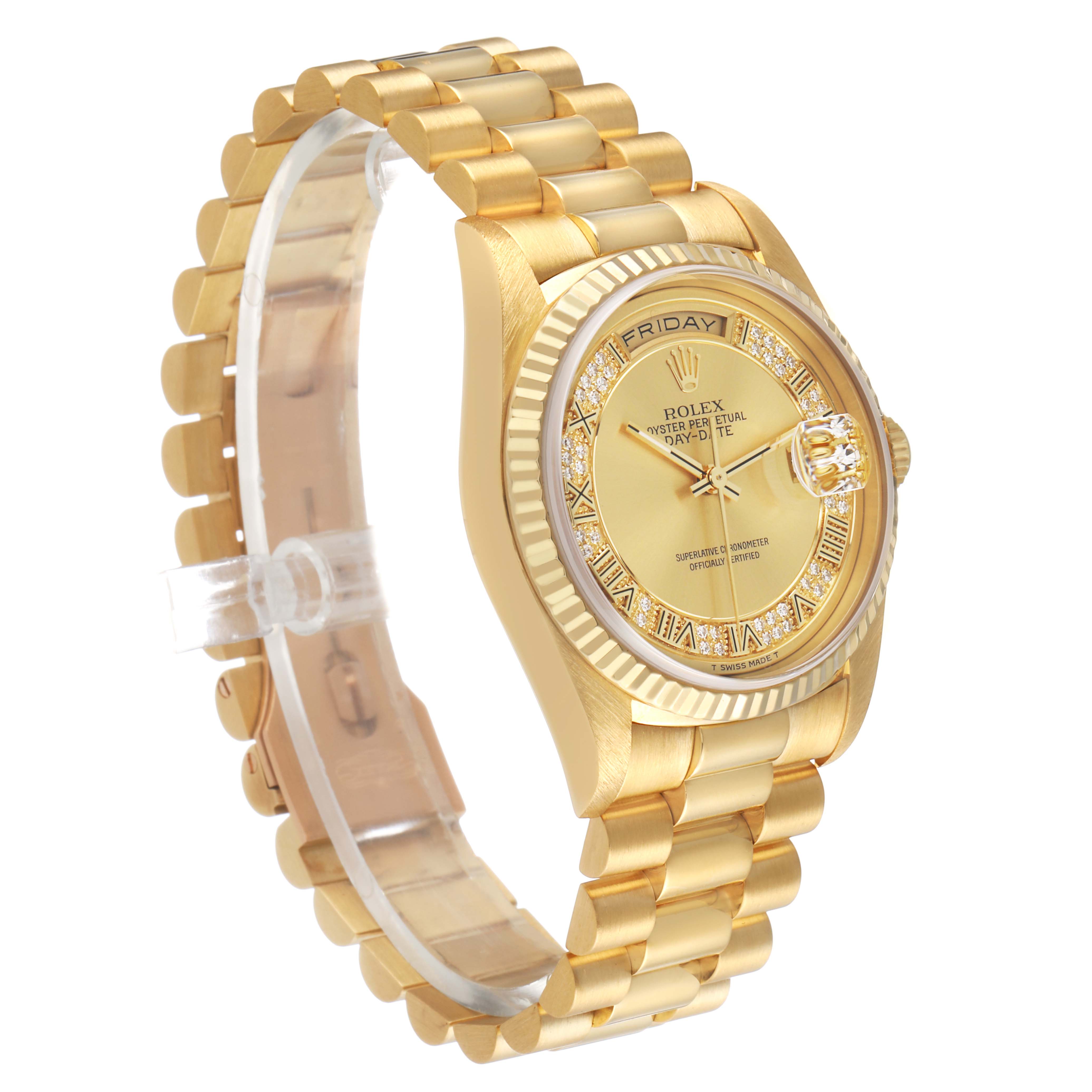 The image shows a side angle of a Rolex Day-Date watch, highlighting the gold bracelet, bezel, and face.