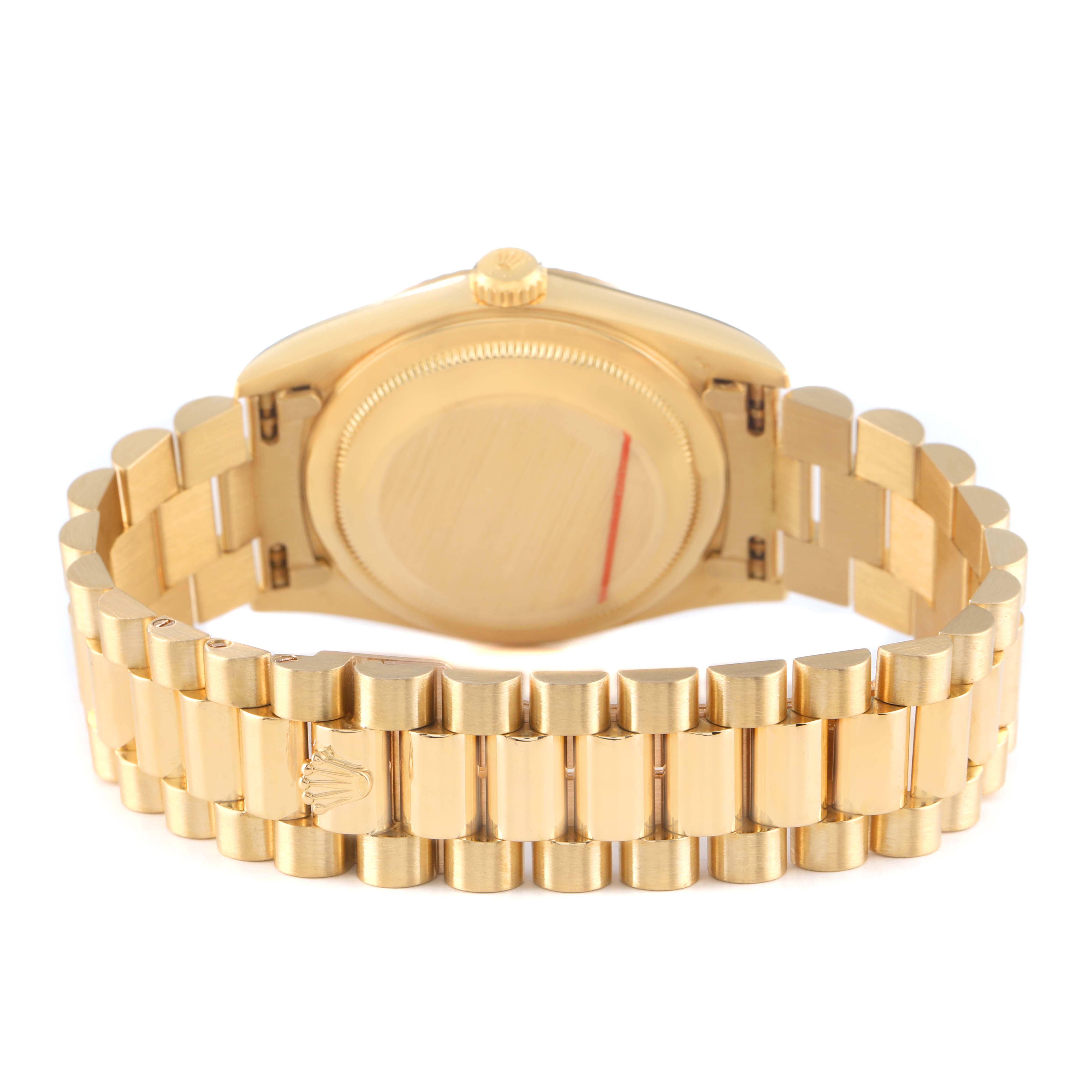 The image shows the back and bracelet of a Rolex GMT-Master 18238 Men's Yellow Gold Champagne Dial watch from a rear angle.