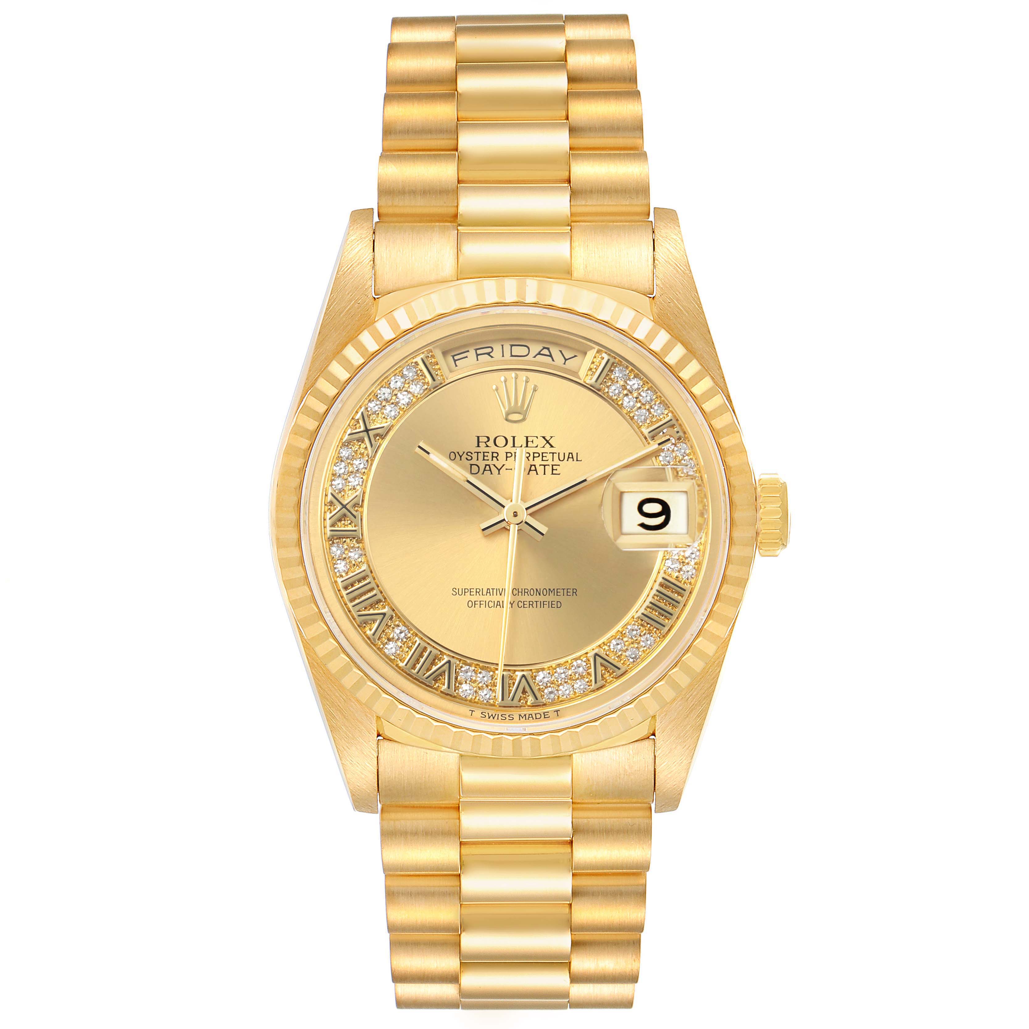 The image shows a frontal view of a gold Rolex watch, displaying the dial, bracelet, and crown prominently.